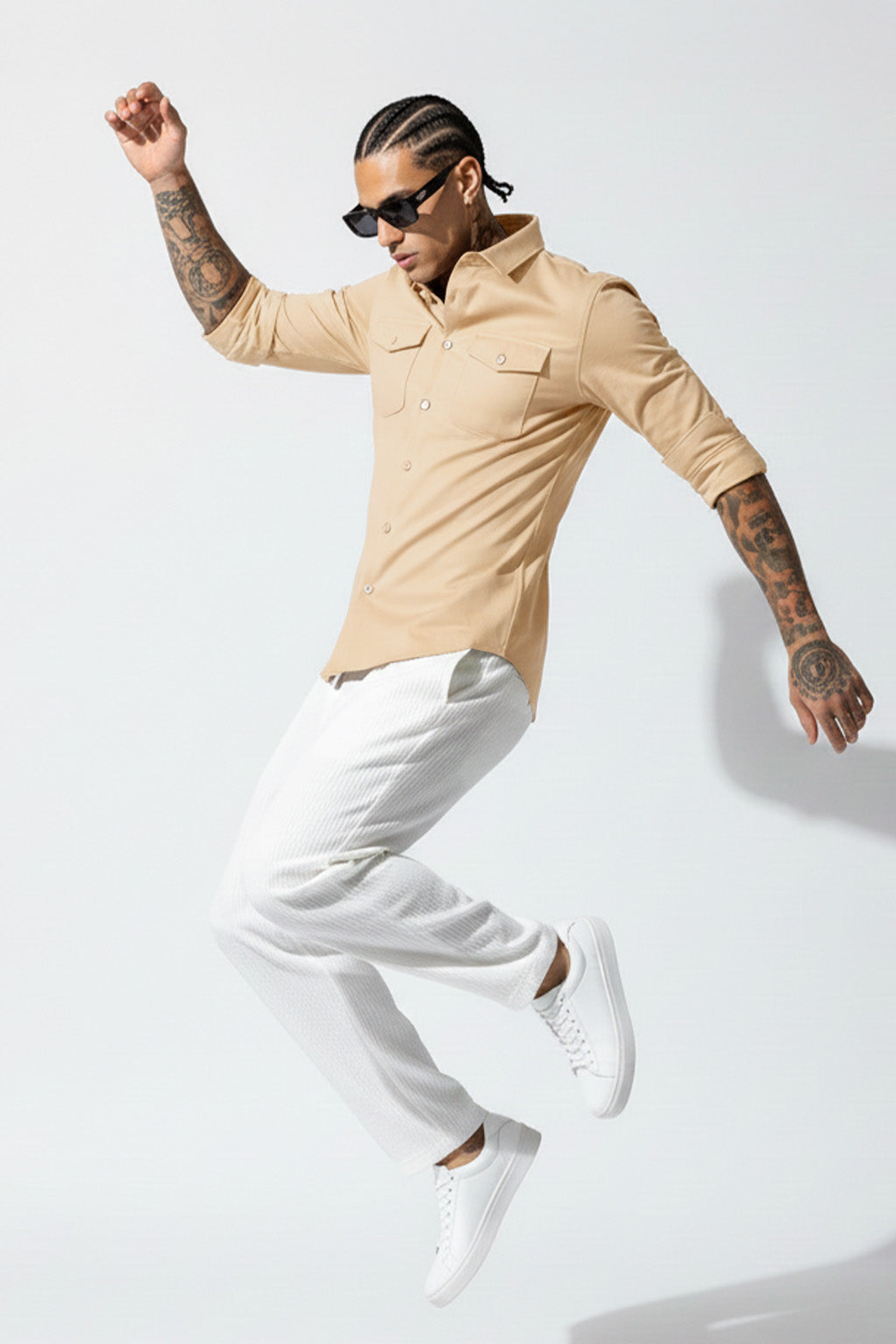 Beige Plain Relaxed Fit Full Sleeve Dual Pocket Utility Exclusive Shirt