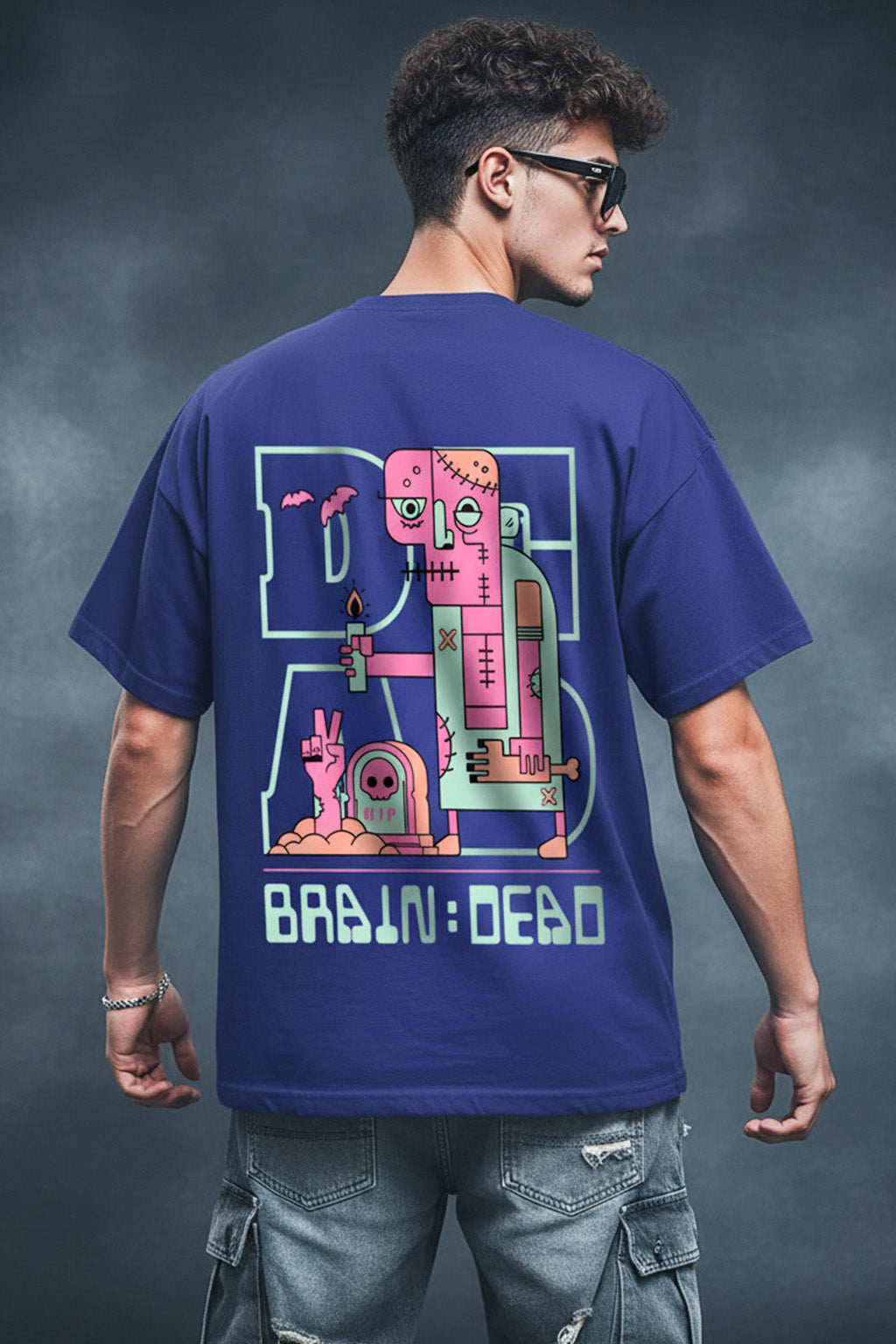 Braindead Royal Blue Oversized Printed T-shirt