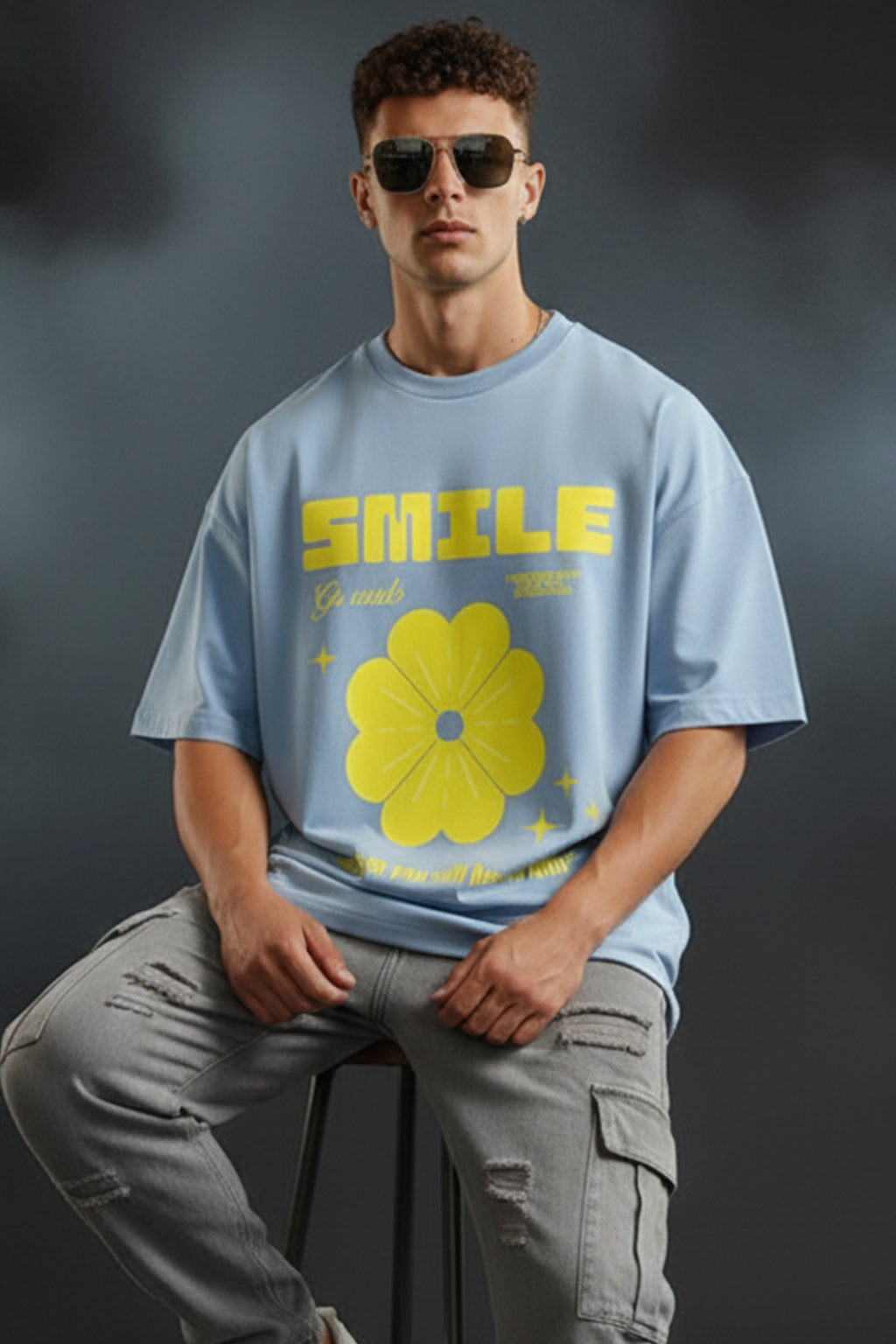 Smile Blue Oversized Chest Graphic Printed T-shirt