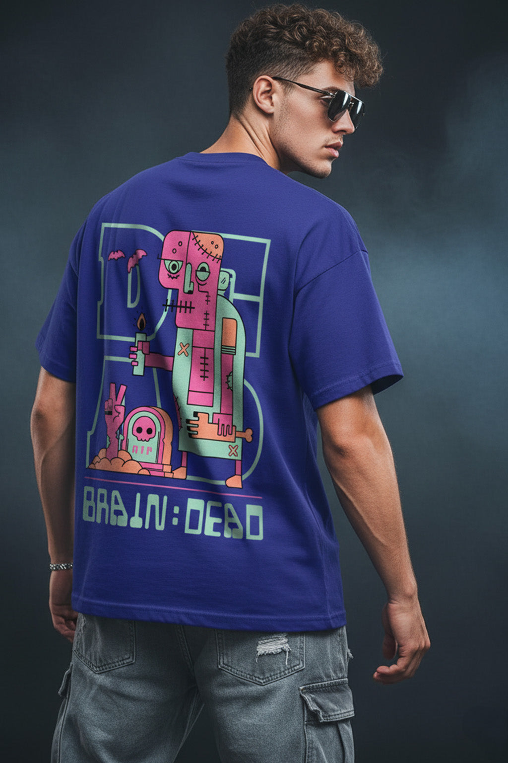 Braindead Royal Blue Oversized Printed T-shirt