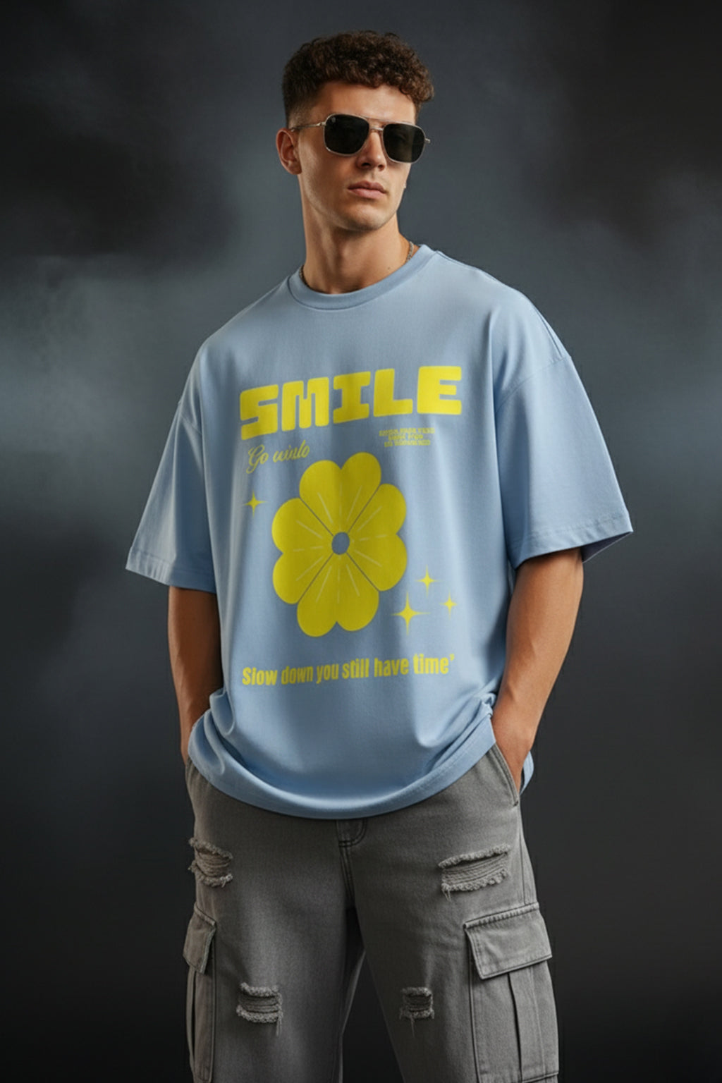 Smile Blue Oversized Chest Graphic Printed T-shirt
