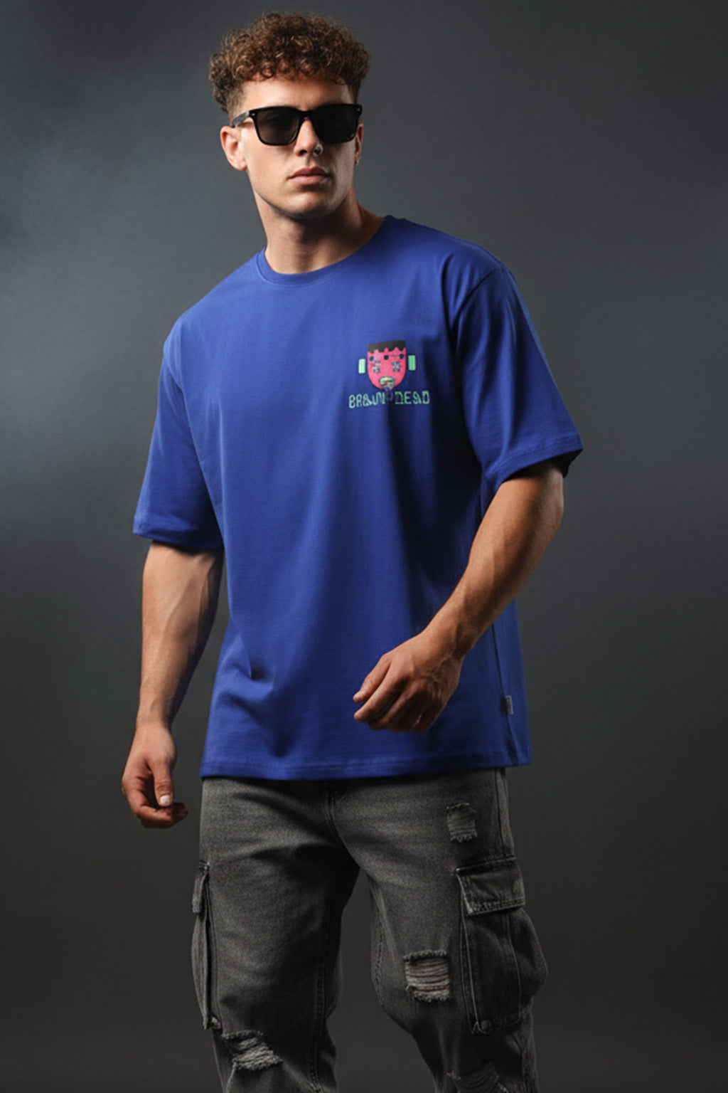 Braindead Royal Blue Oversized Printed T-shirt