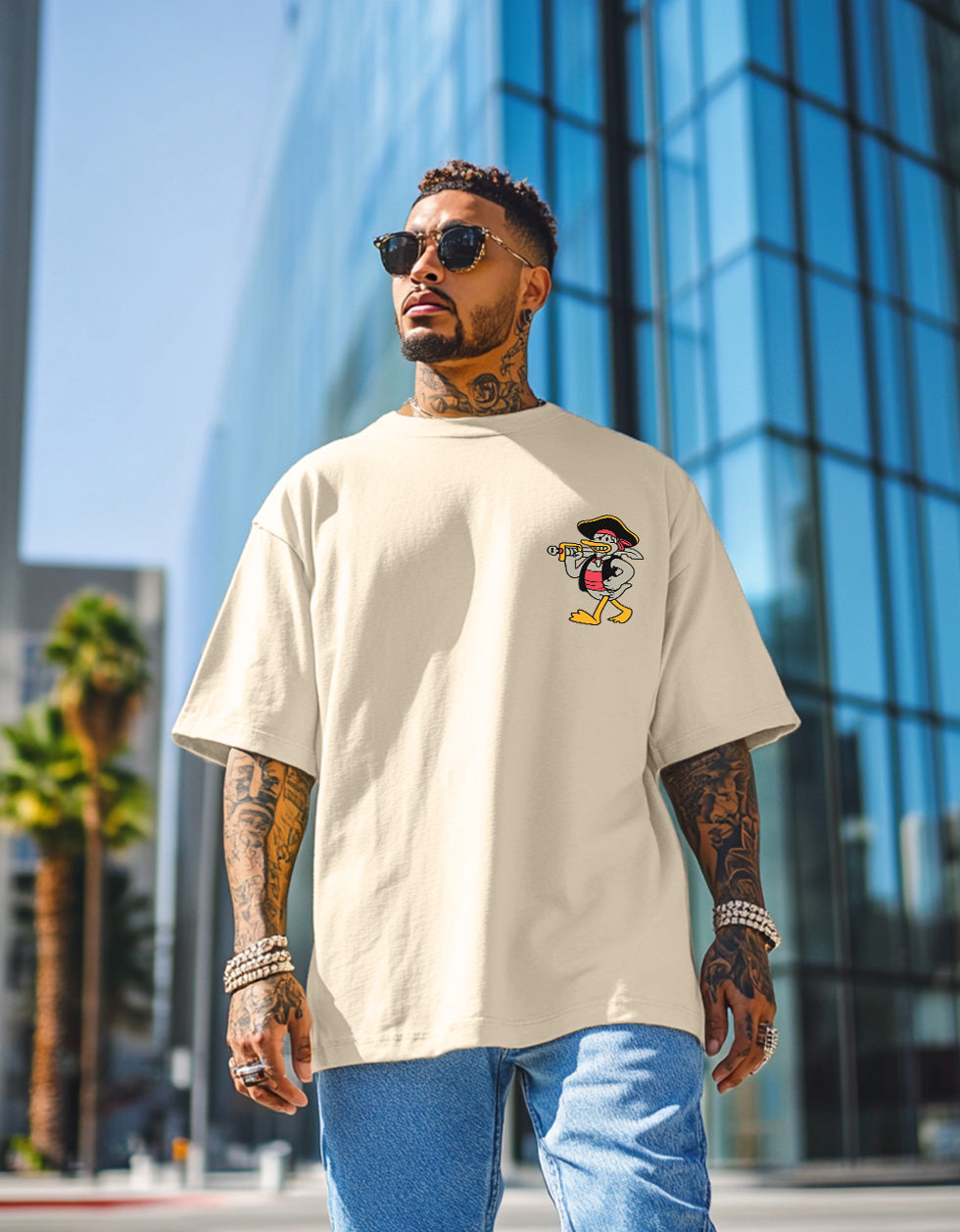 Duck Beige Oversized Pocket Graphic Printed T-Shirt