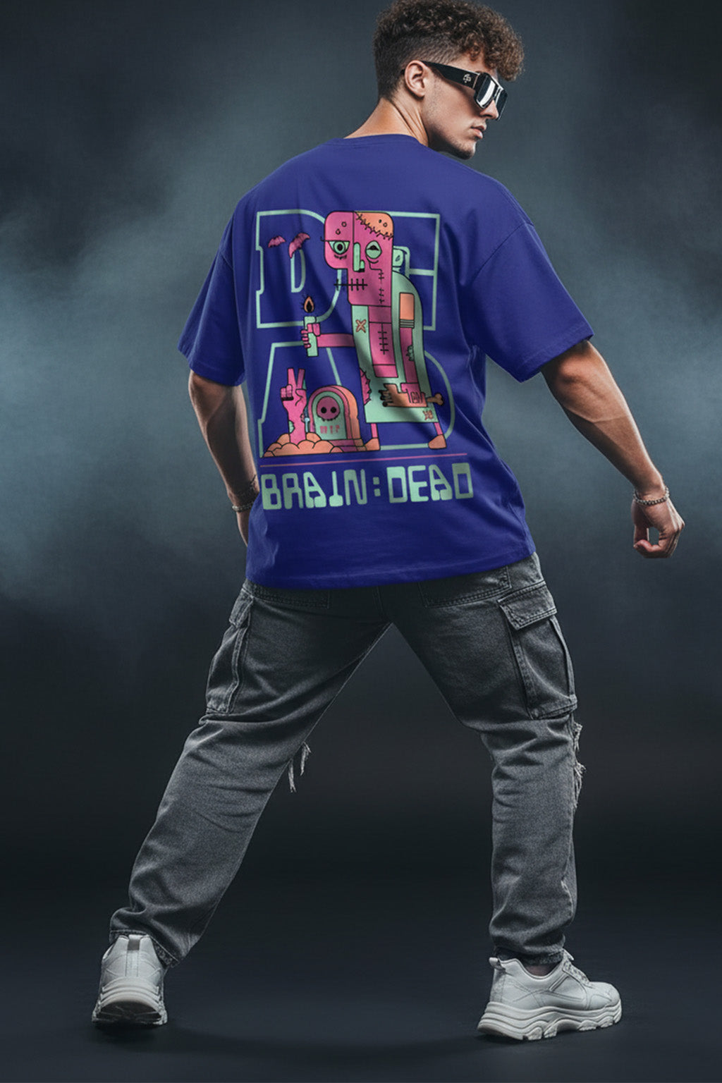 Braindead Royal Blue Oversized Printed T-shirt
