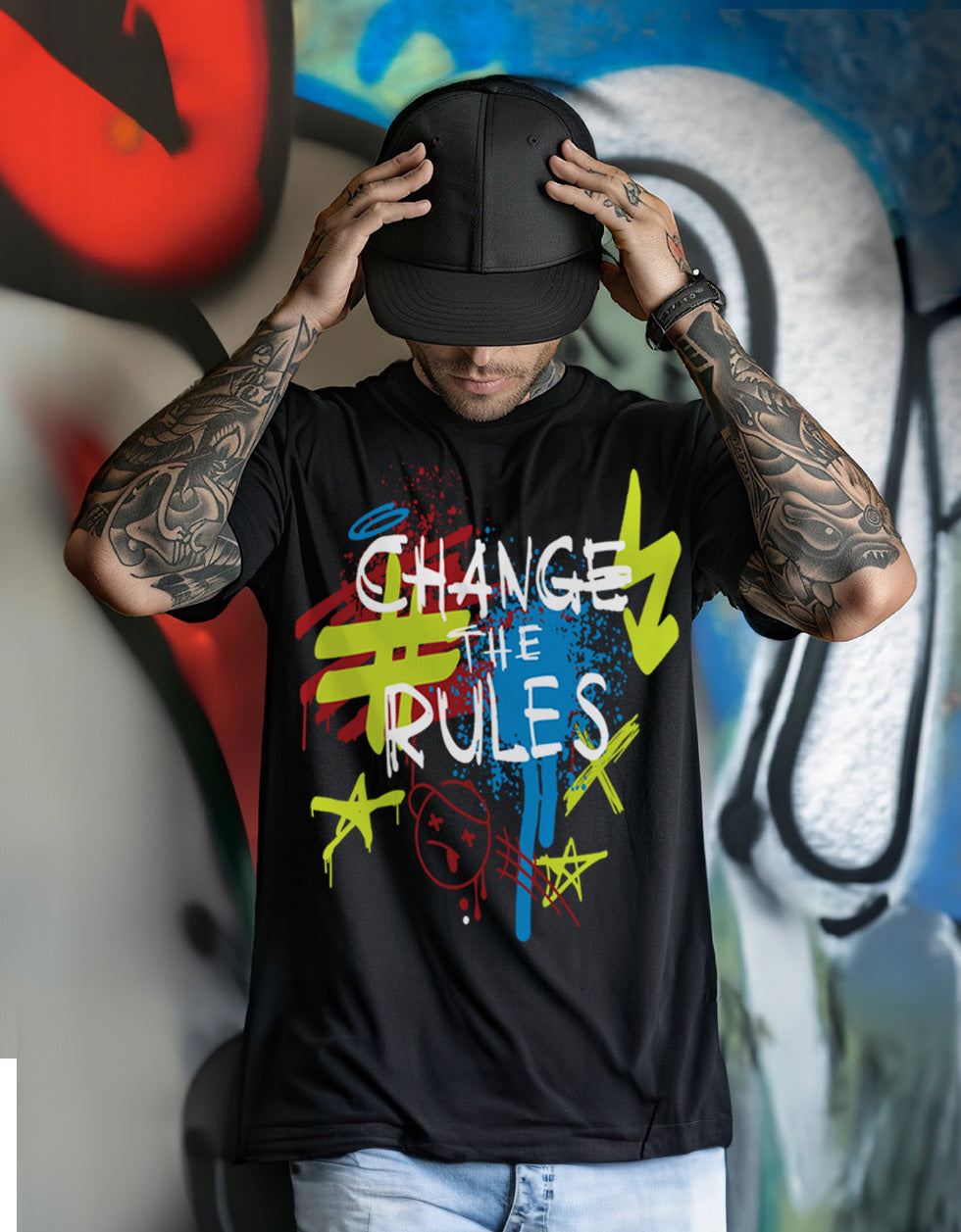 CHANGE THE RULE Black Oversized Front Typographic Printed Tshirt