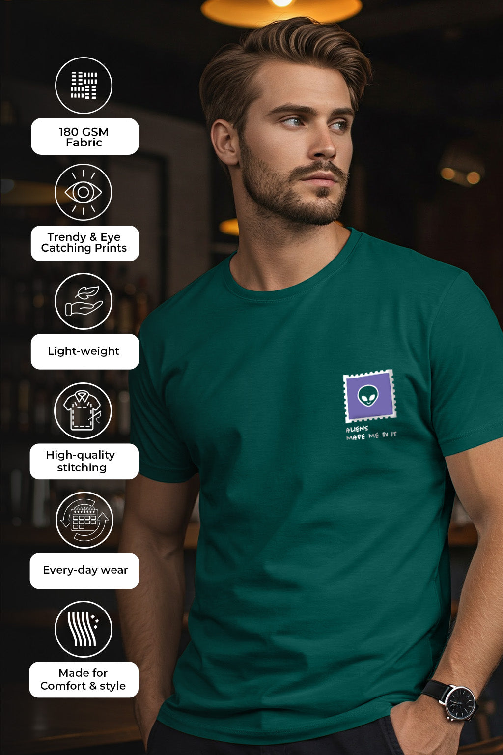 Aliens Green Regular Fit Printed T-shirt