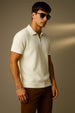 White Textured Plain Regular Fit Zipper Polo T-shirt