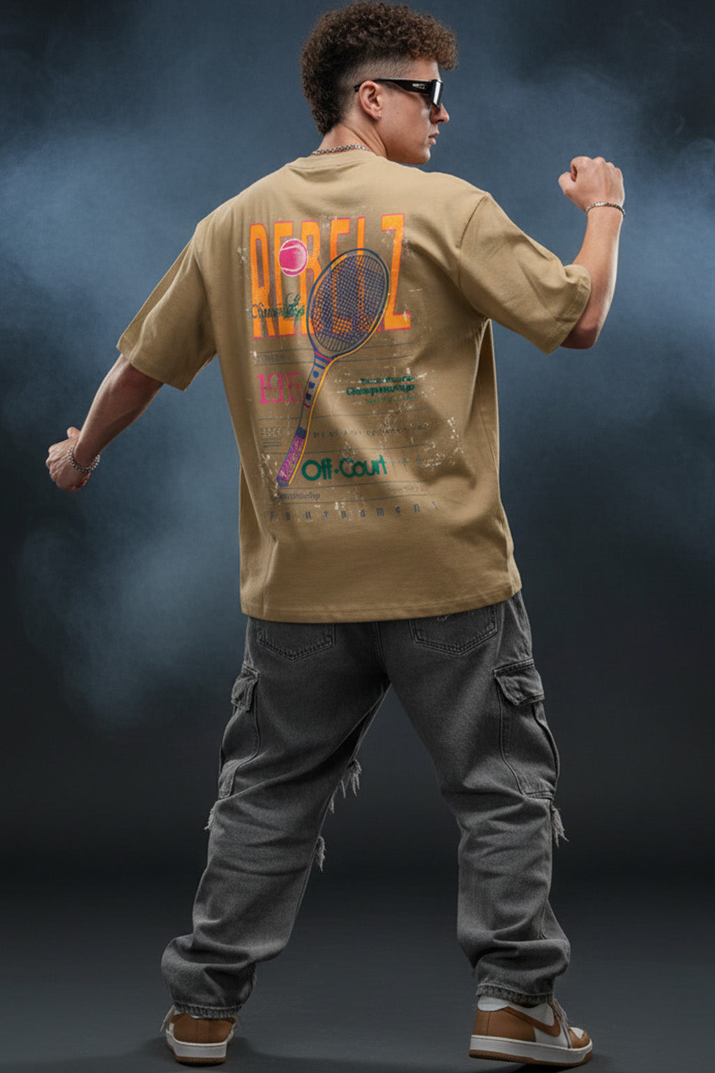 Rebelz Beige Oversized Graphic Printed T-shirt