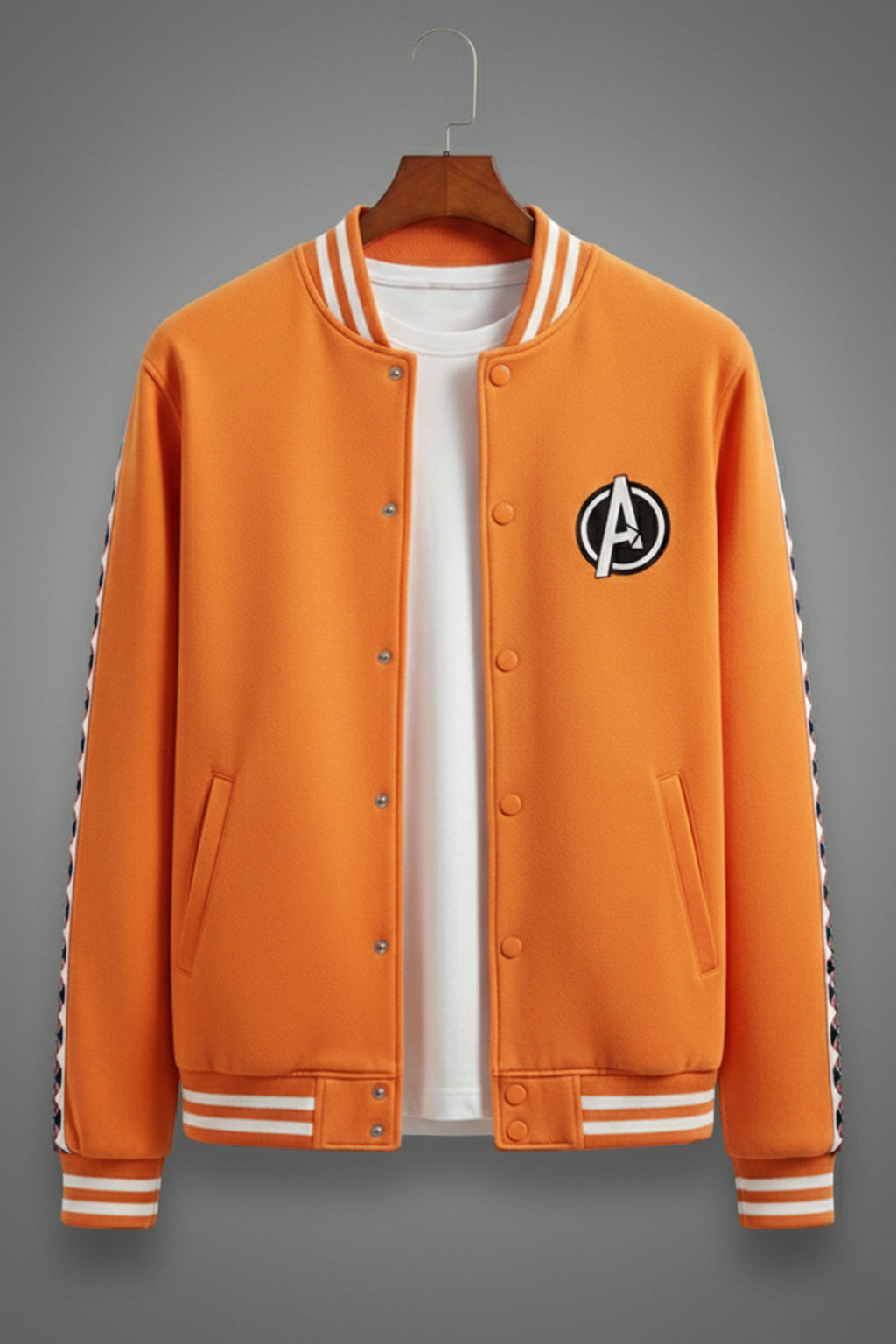 Orange Pocket Typographic Printed Varsity Jacket