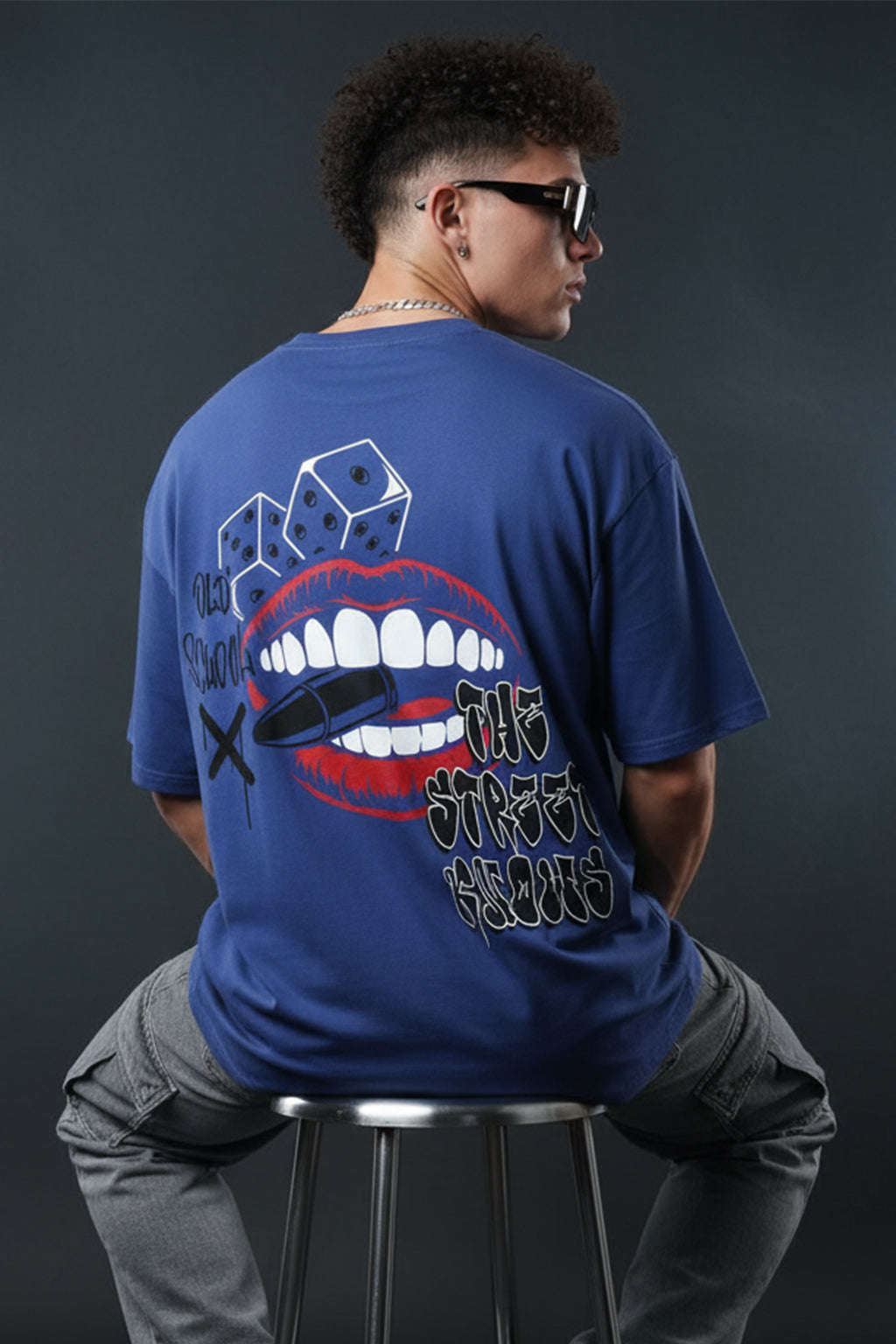 OLD SCHOOL Blue Oversized Back Graphic Printed T-shirt