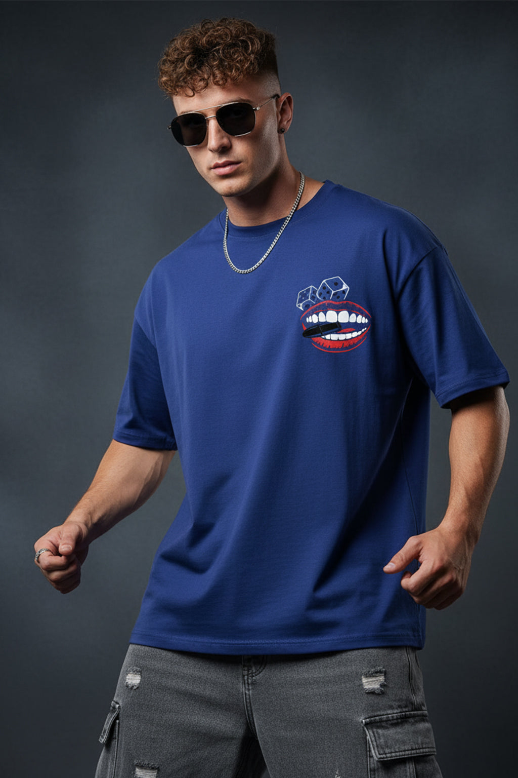OLD SCHOOL Blue Oversized Back Graphic Printed T-shirt