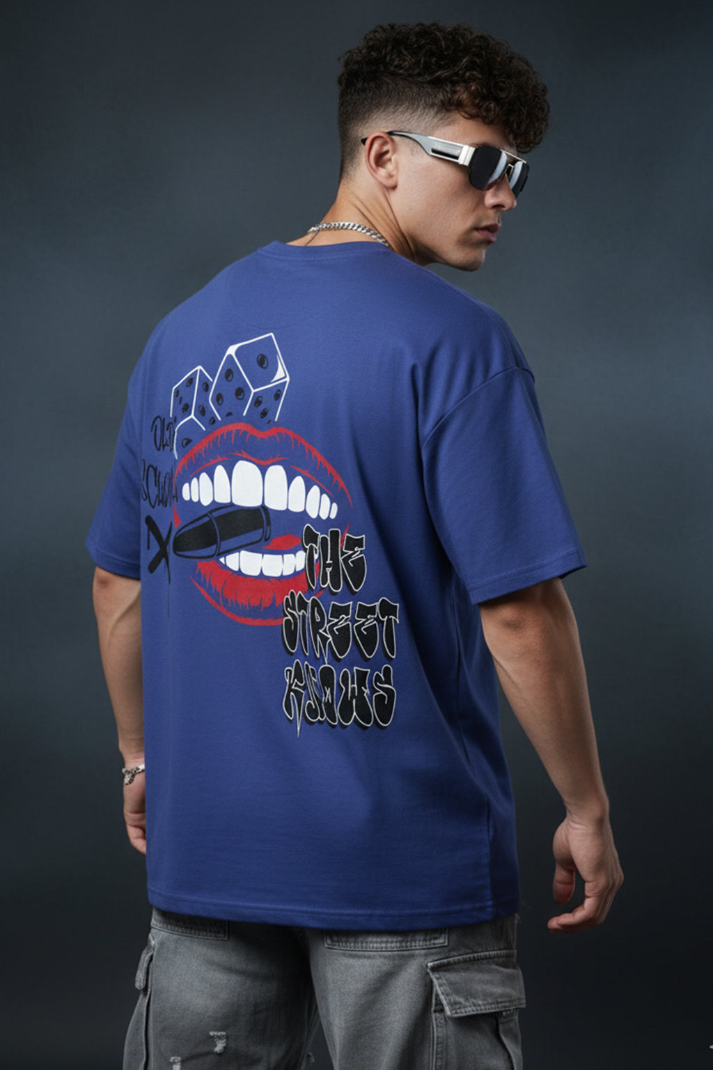 OLD SCHOOL Blue Oversized Back Graphic Printed T-shirt