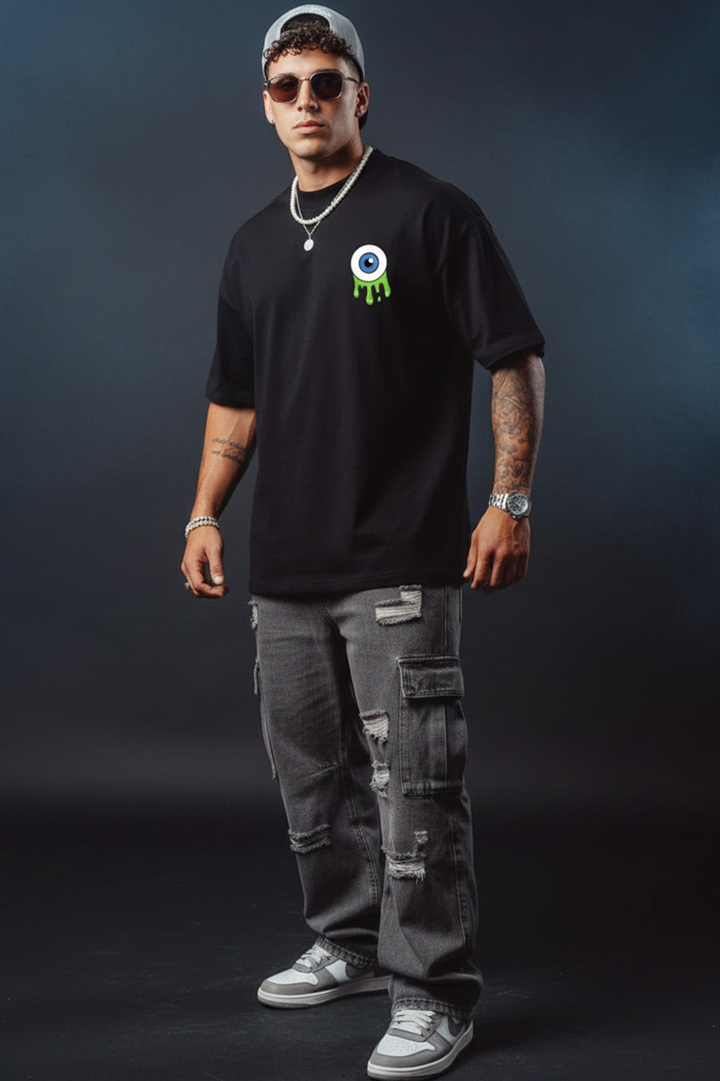 Eye Black Oversized Pocket Graphic Printed T-shirt