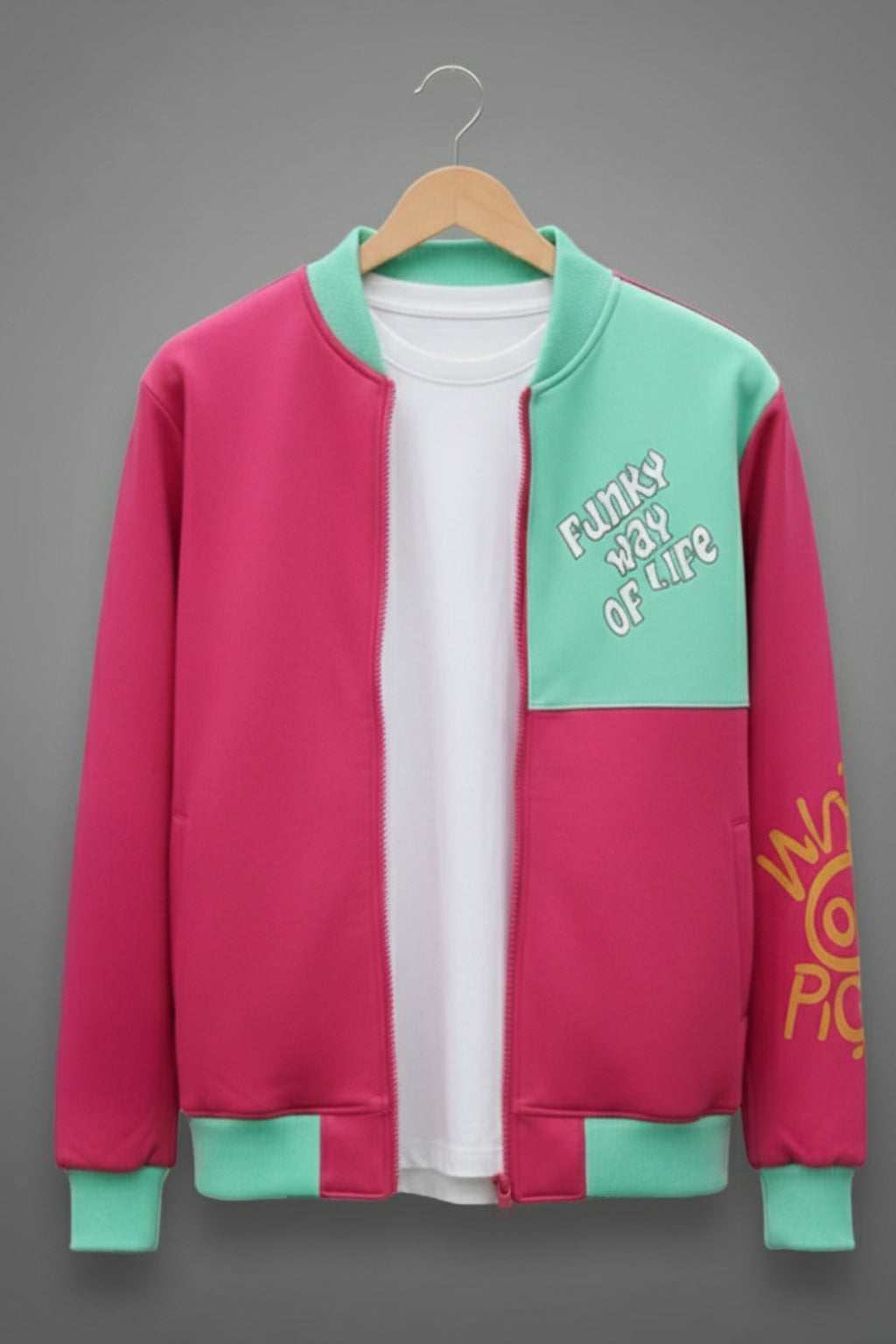 Magenta Back Typographic Printed Varsity Jacket
