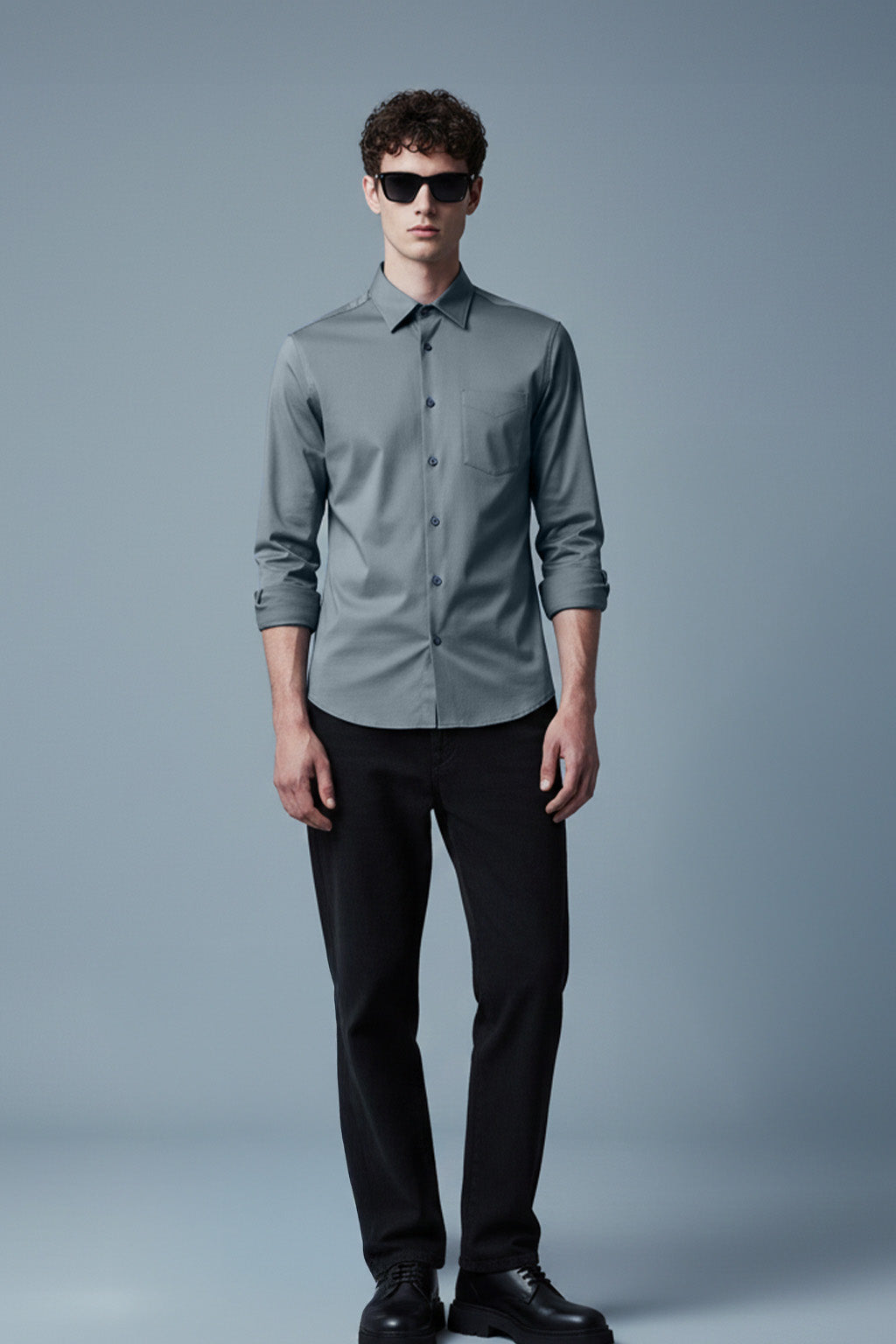 Airforce Blue Plain Regular Fit Single Pocket Full Sleeve Exclusive Shirt