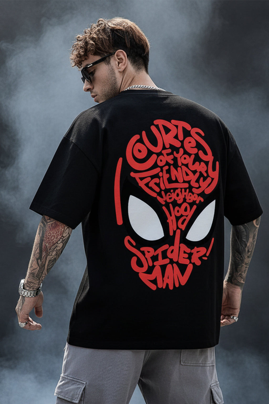 Spiderman Black Oversized Back Typographic Printed T-shirt