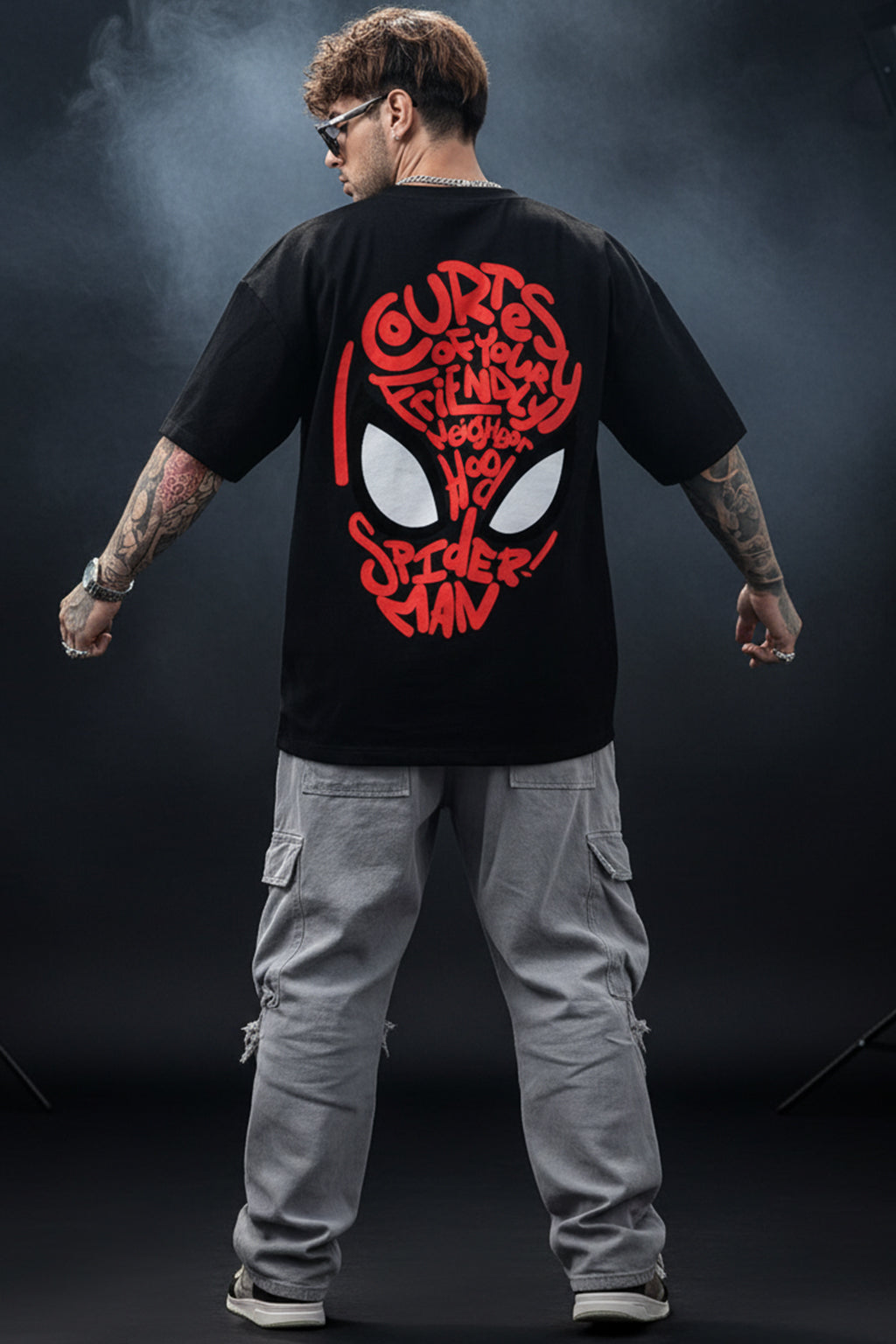 Spiderman Black Oversized Back Typographic Printed T-shirt