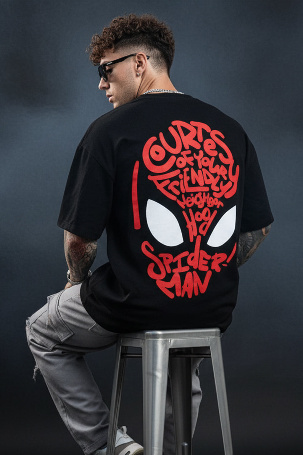 Spiderman Black Oversized Back Typographic Printed T-shirt