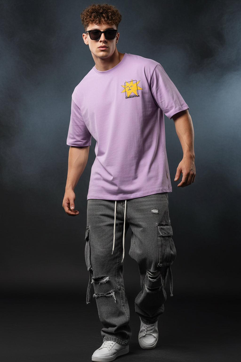 Sarcastar Lilac Oversized Pocket Graphic Printed T-shirt
