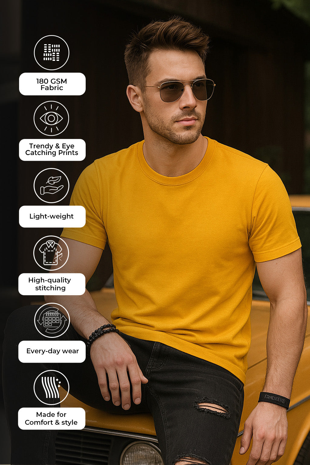 Mustard Plain Regular Fit Tshirt
