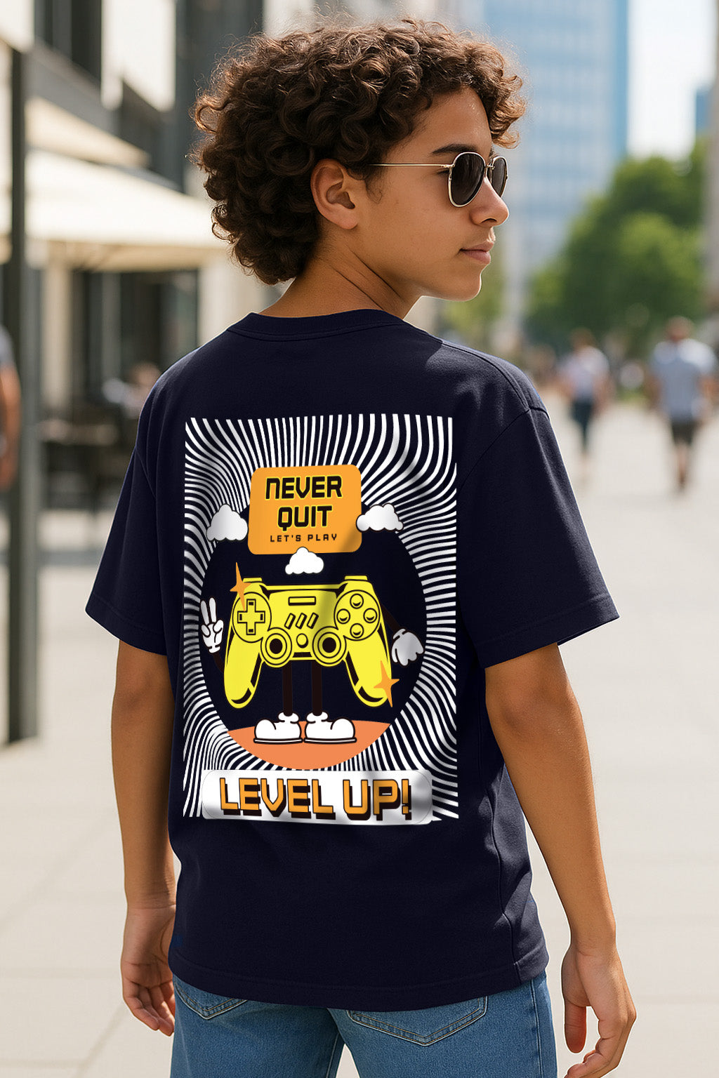 Level Up Navy Oversized Graphic Back Printed Boys T-shirt