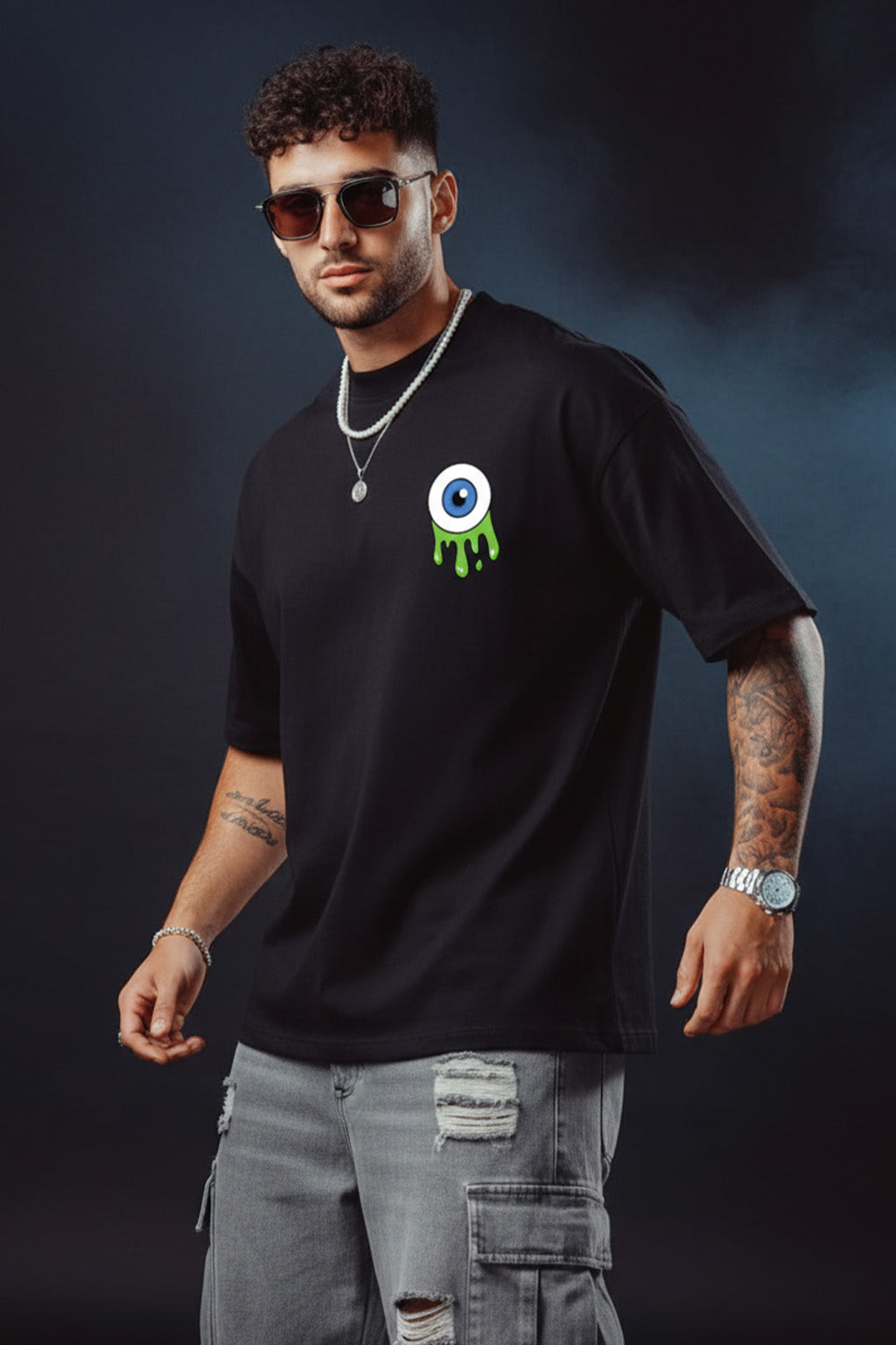 Eye Black Oversized Pocket Graphic Printed T-shirt