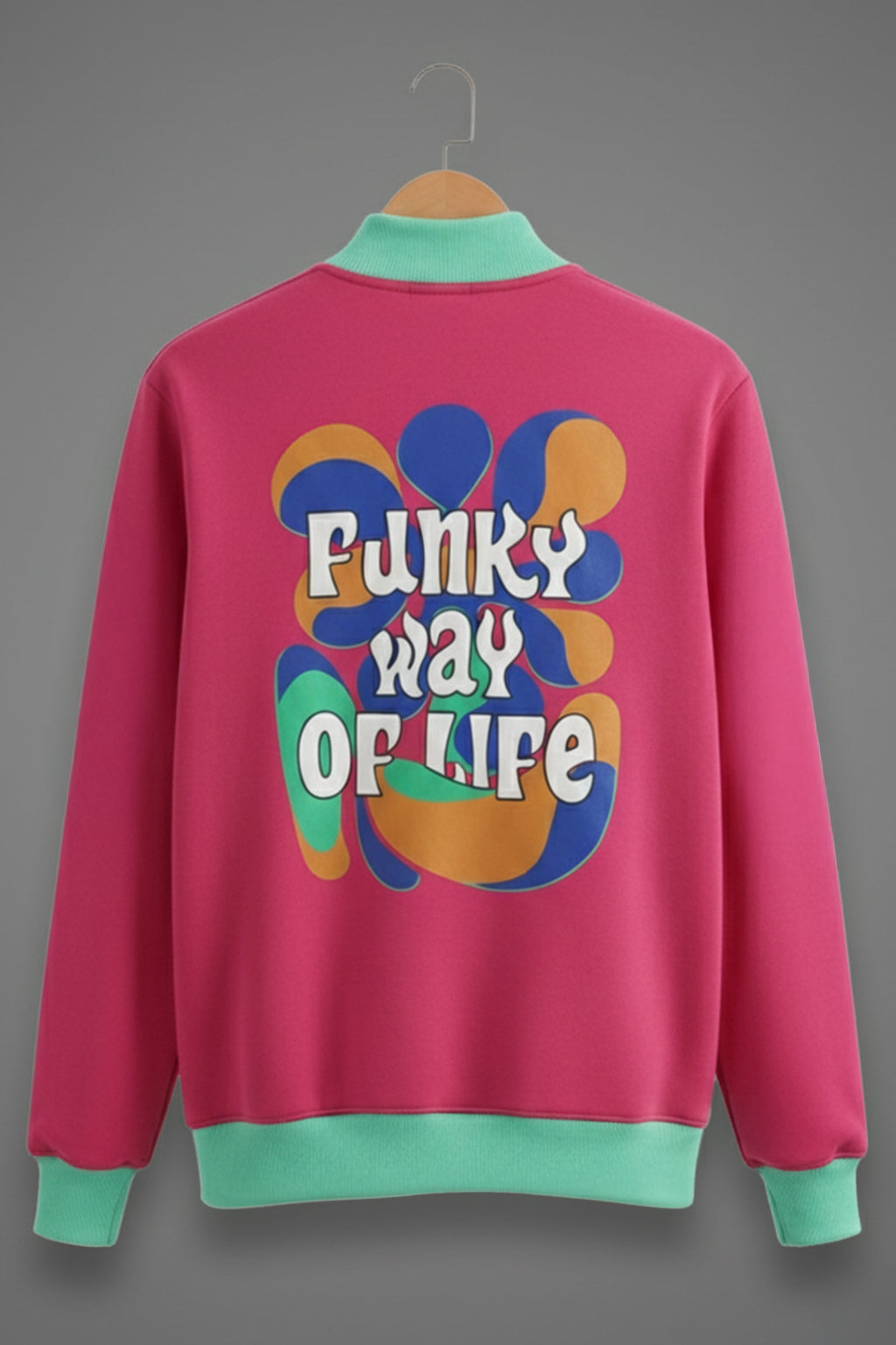 Magenta Back Typographic Printed Varsity Jacket