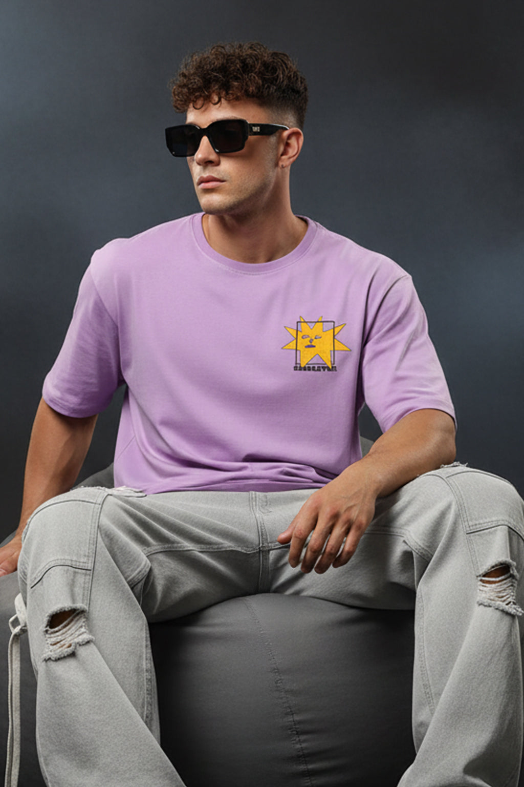 Sarcastar Lilac Oversized Pocket Graphic Printed T-shirt