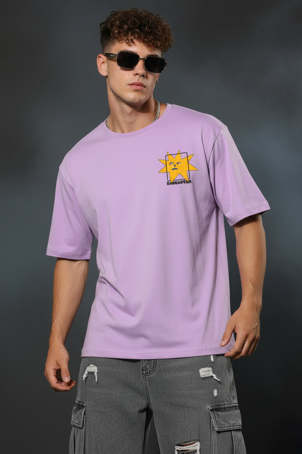 Sarcastar Lilac Oversized Pocket Graphic Printed T-shirt