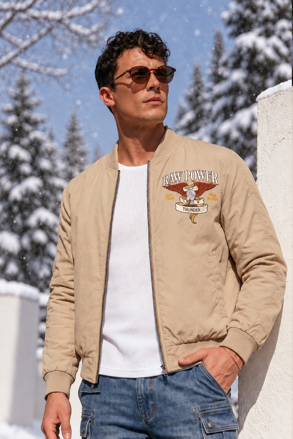 Raw Power Beige Regular Fit Exclusive Pilot Bomber Jacket