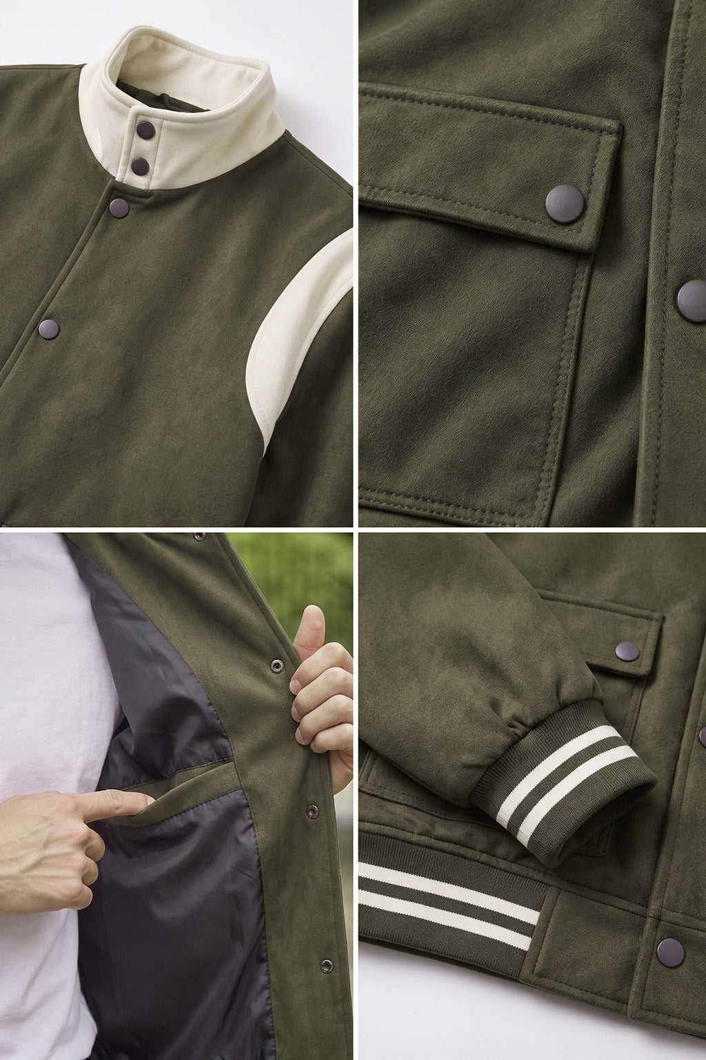 Olive Green Varsity Bomber Suede Exclusive Jacket With Inner Pocket