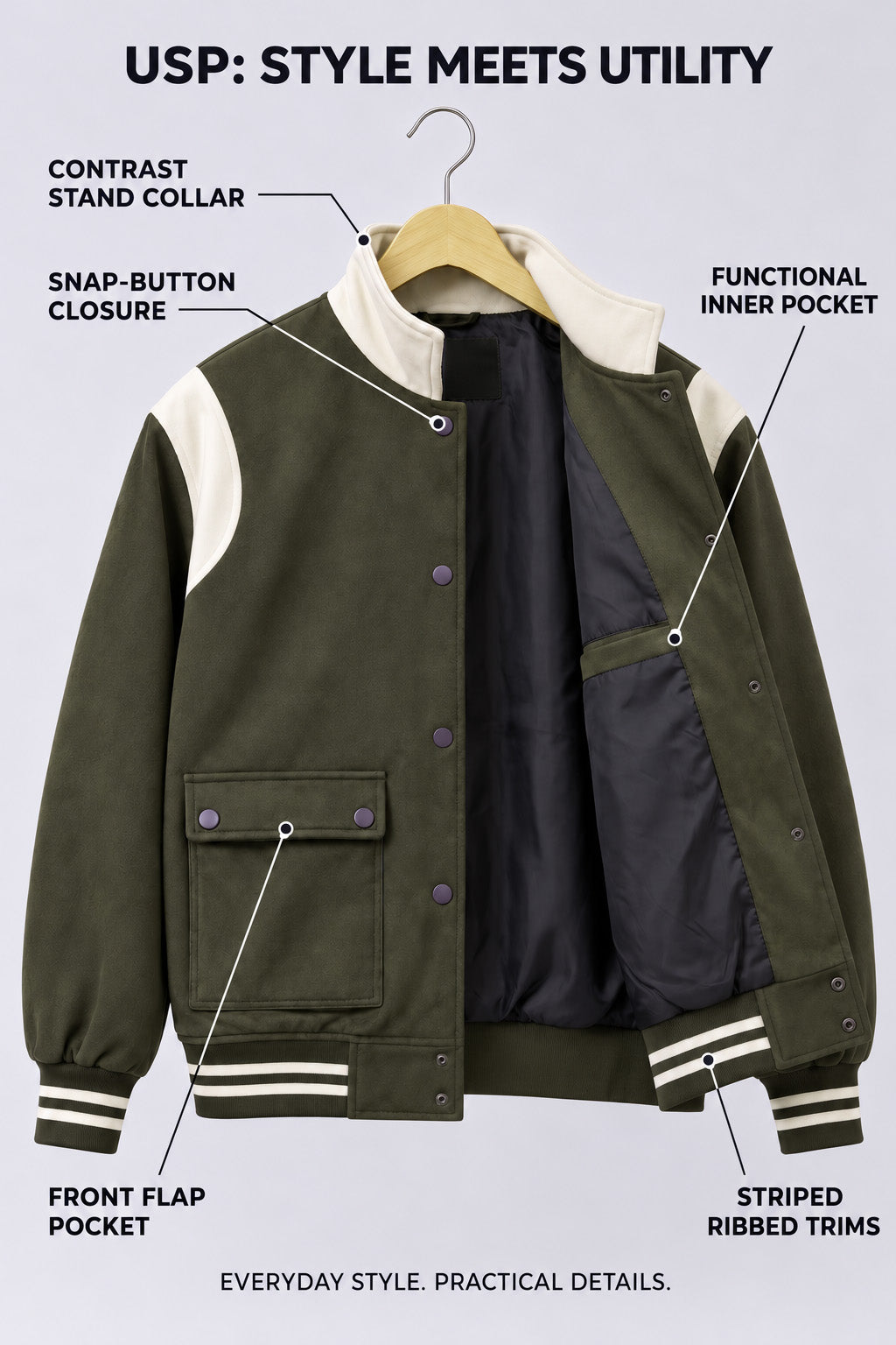 Olive Green Varsity Bomber Suede Exclusive Jacket With Inner Pocket