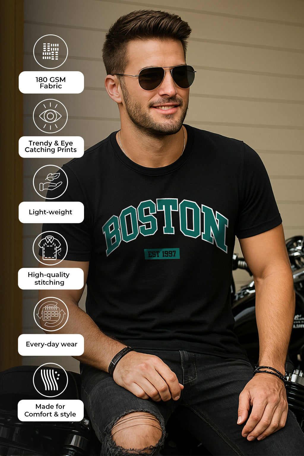 Boston Black Regular Fit Printed T-shirt