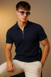 Navy Textured Plain Regular Fit Zipper Polo T-shirt