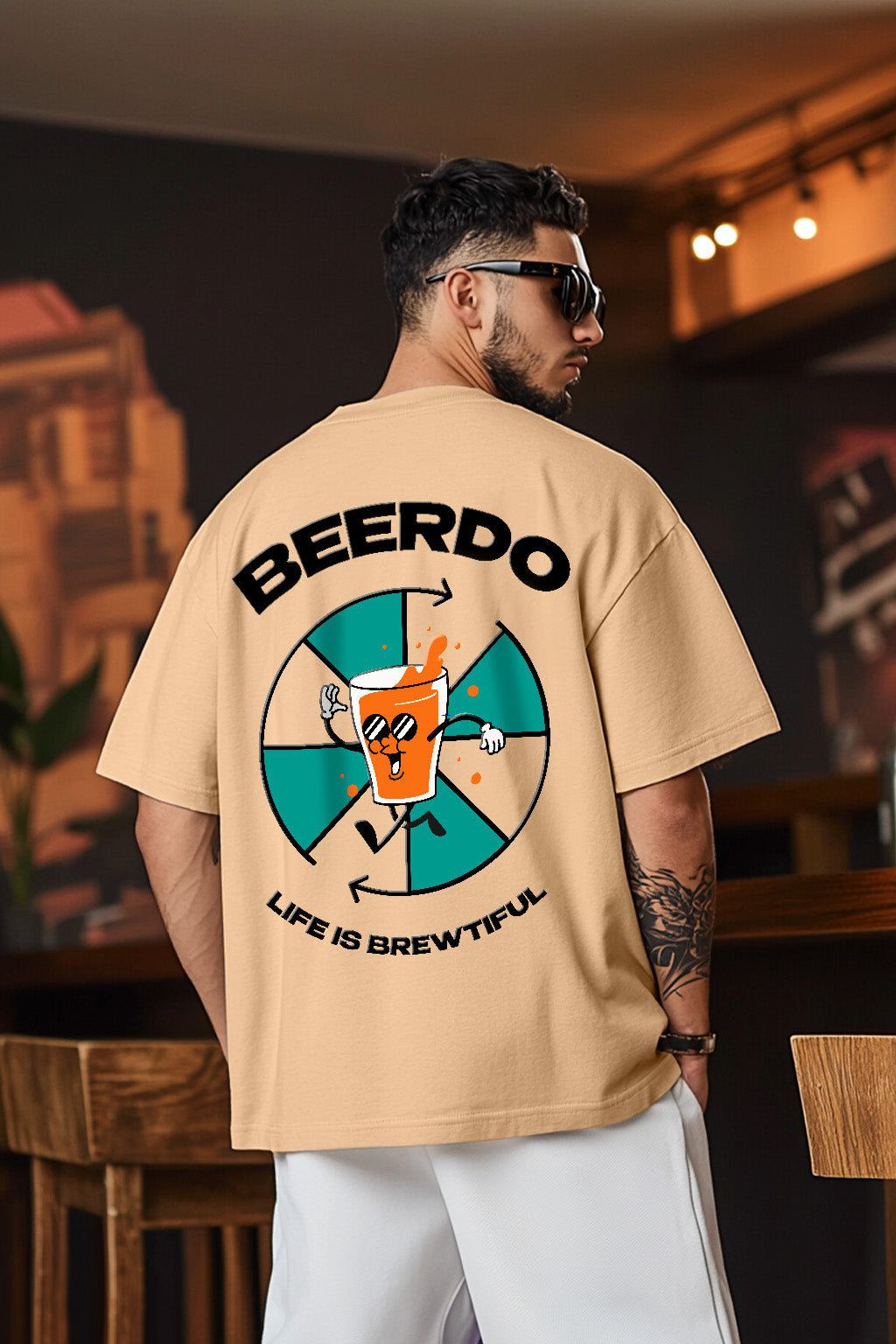 BEERDO  Beige Oversized Back Puff Graphic Printed Tshirt