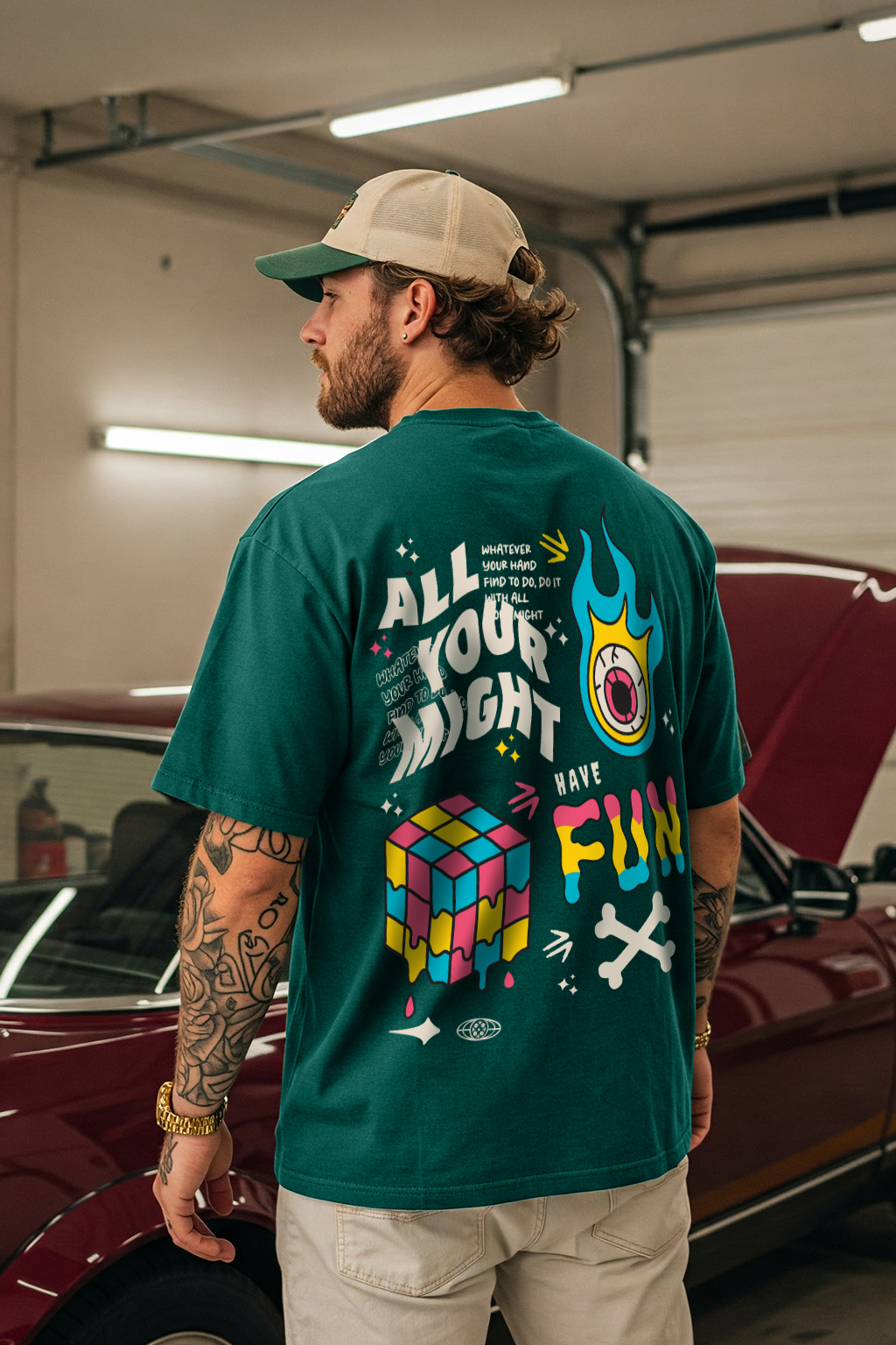 Have Fun Green Oversized Back Graphic Printed Tshirt