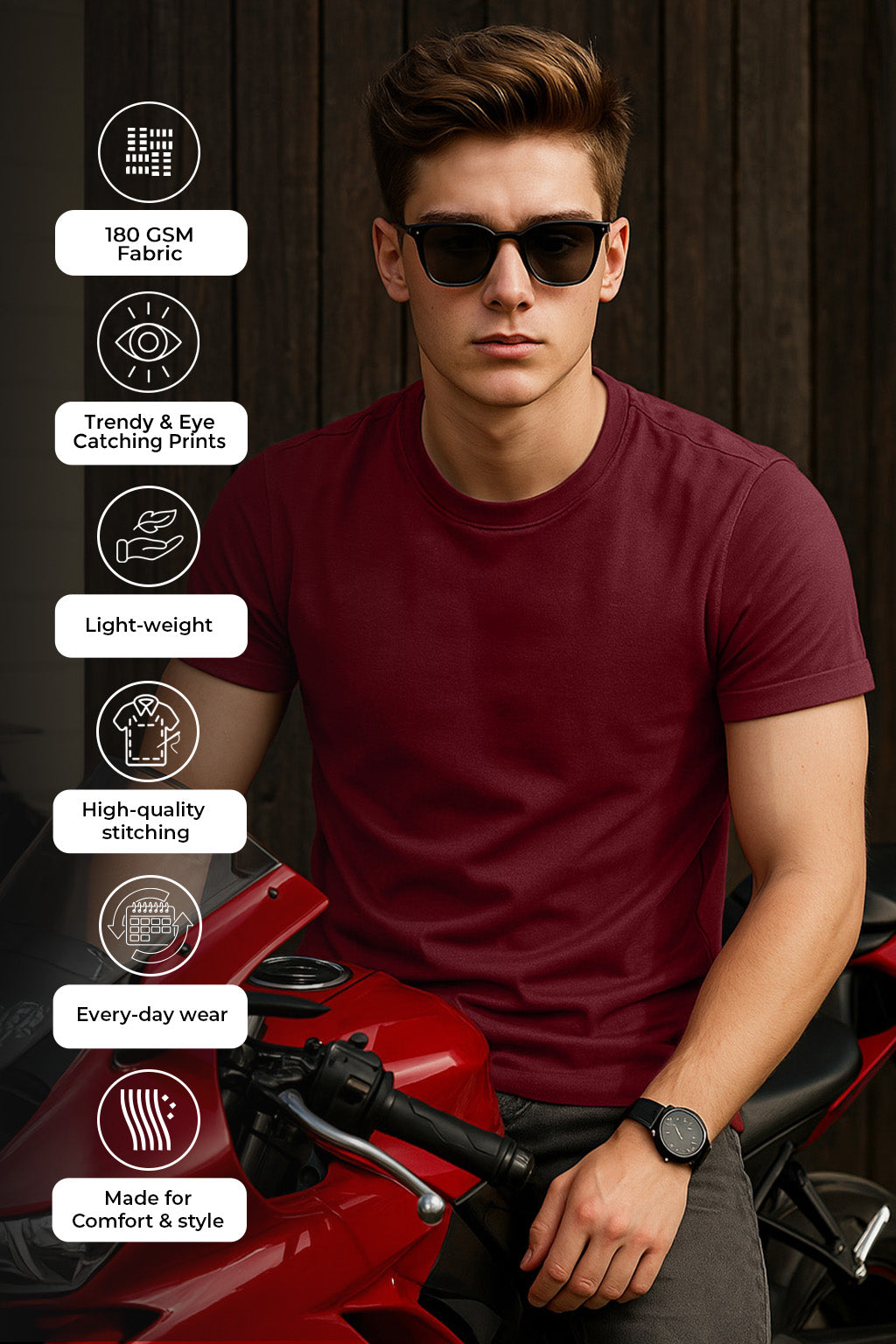 Maroon Plain Regular Fit Tshirt