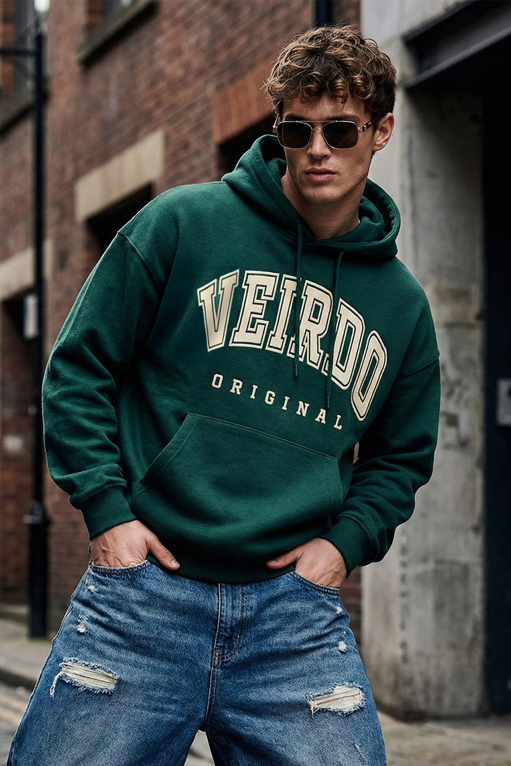 Veirdo Original Green Front Oversized Graphic Printed Hoodie