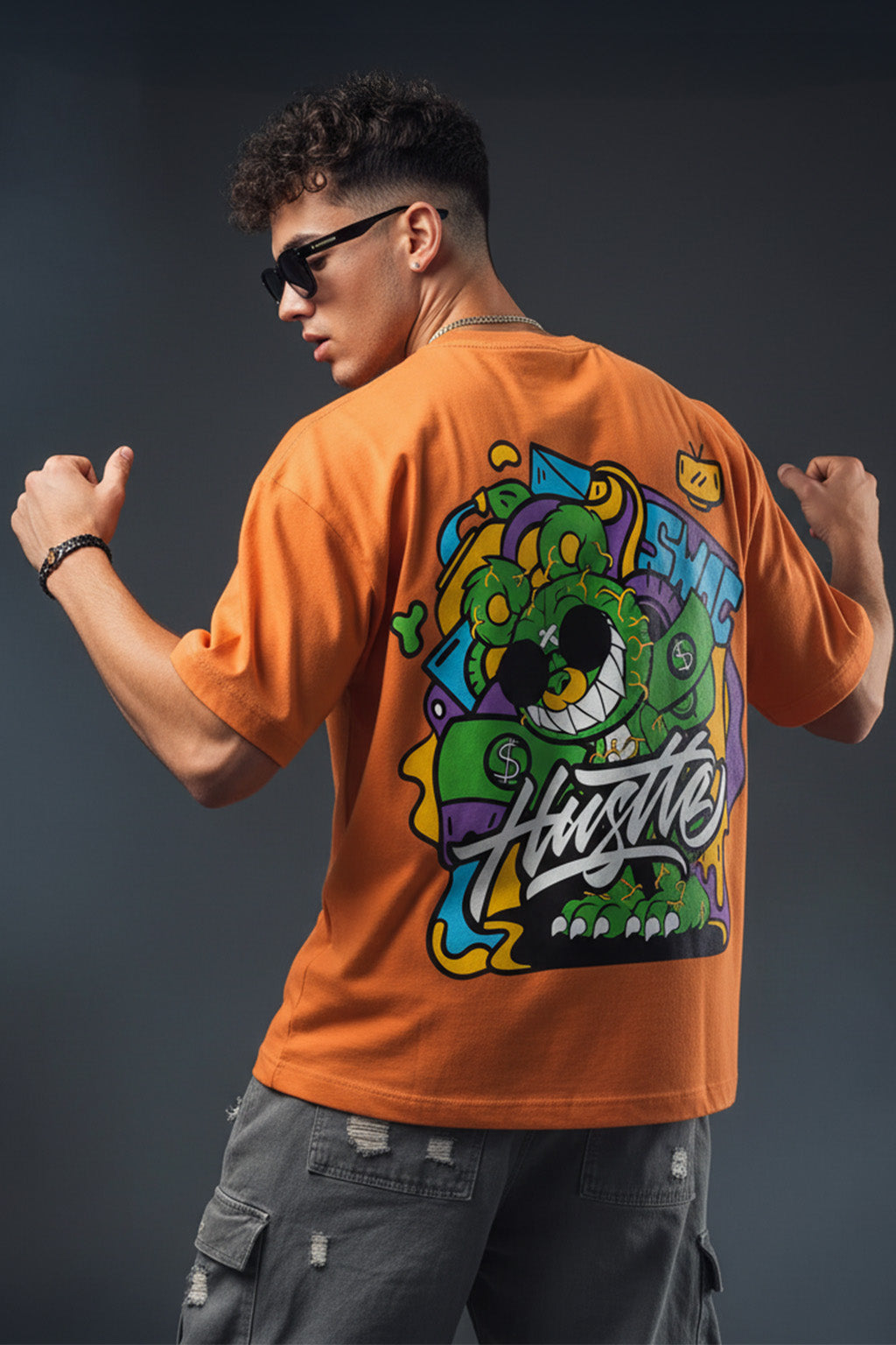 HUSTLE Orange Oversized Back Graphic Printed T-shirt