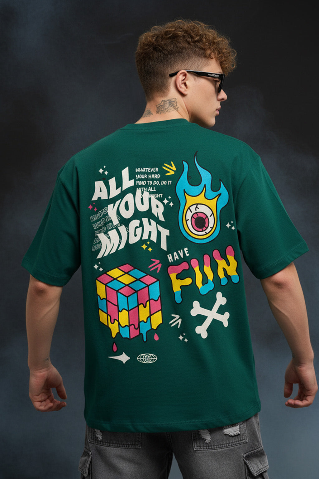 Have Fun Green Oversized Back Graphic Printed T-shirt