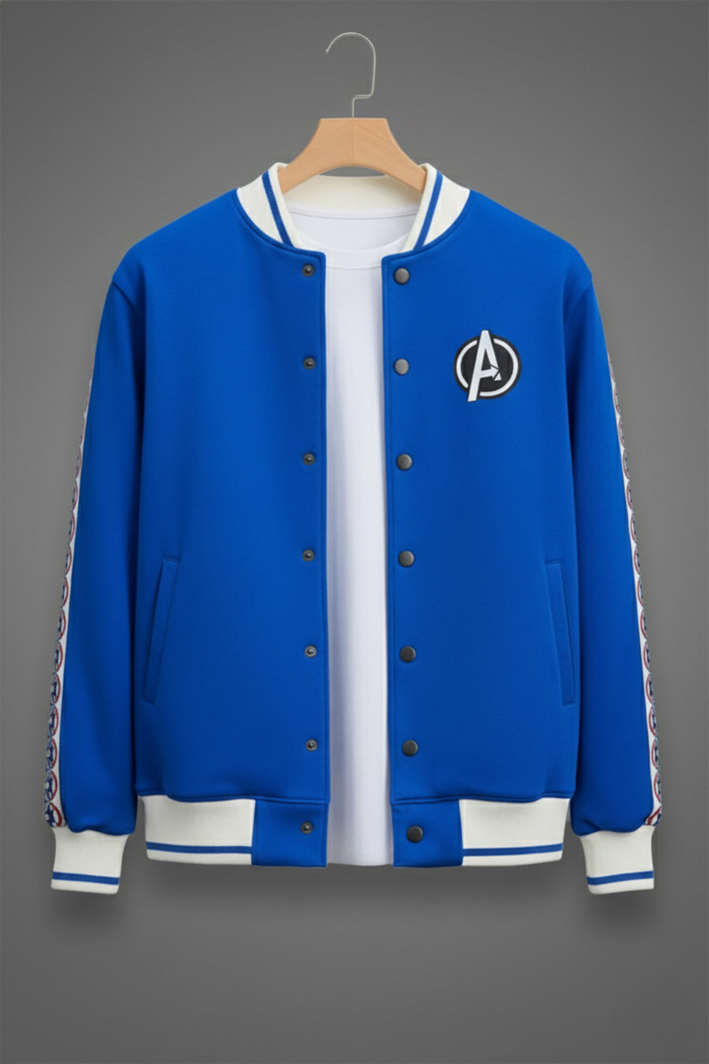 Blue Pocket Typographic Printed Varsity Jacket