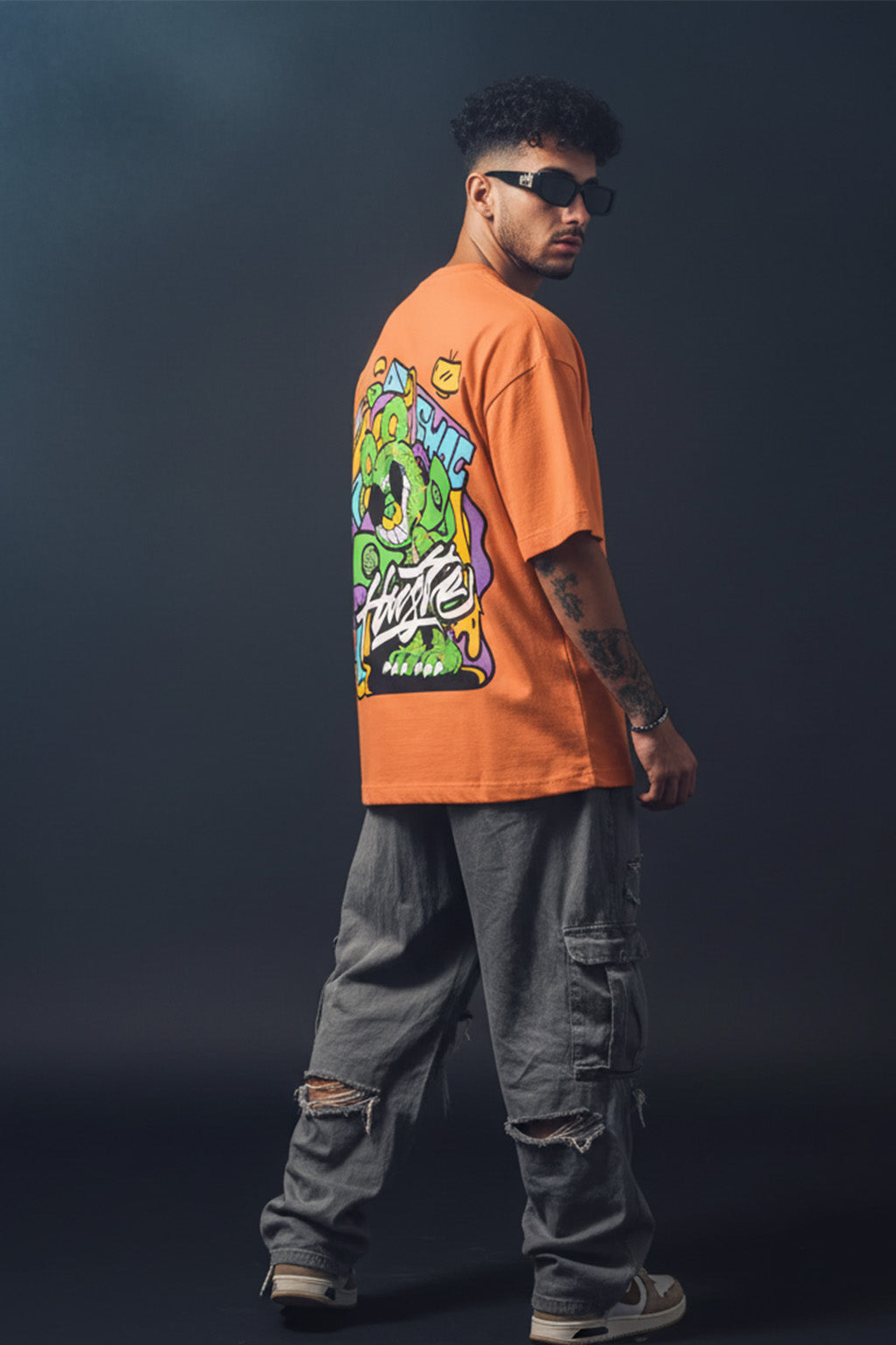 HUSTLE Orange Oversized Back Graphic Printed T-shirt
