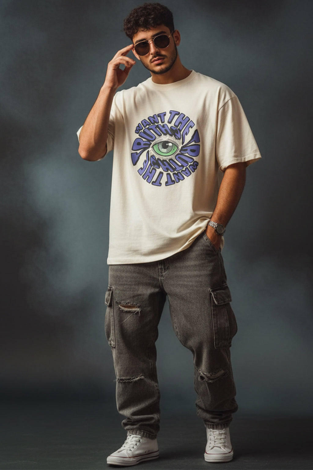 Truth Beige Oversized Chest Graphic Printed T-shirt