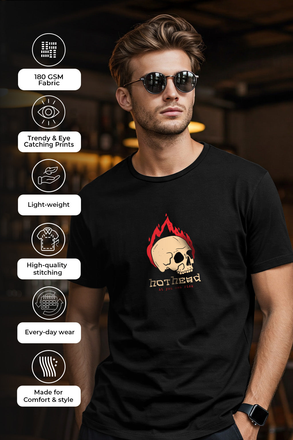 Hot Head Black Regular Fit Printed T-shirt