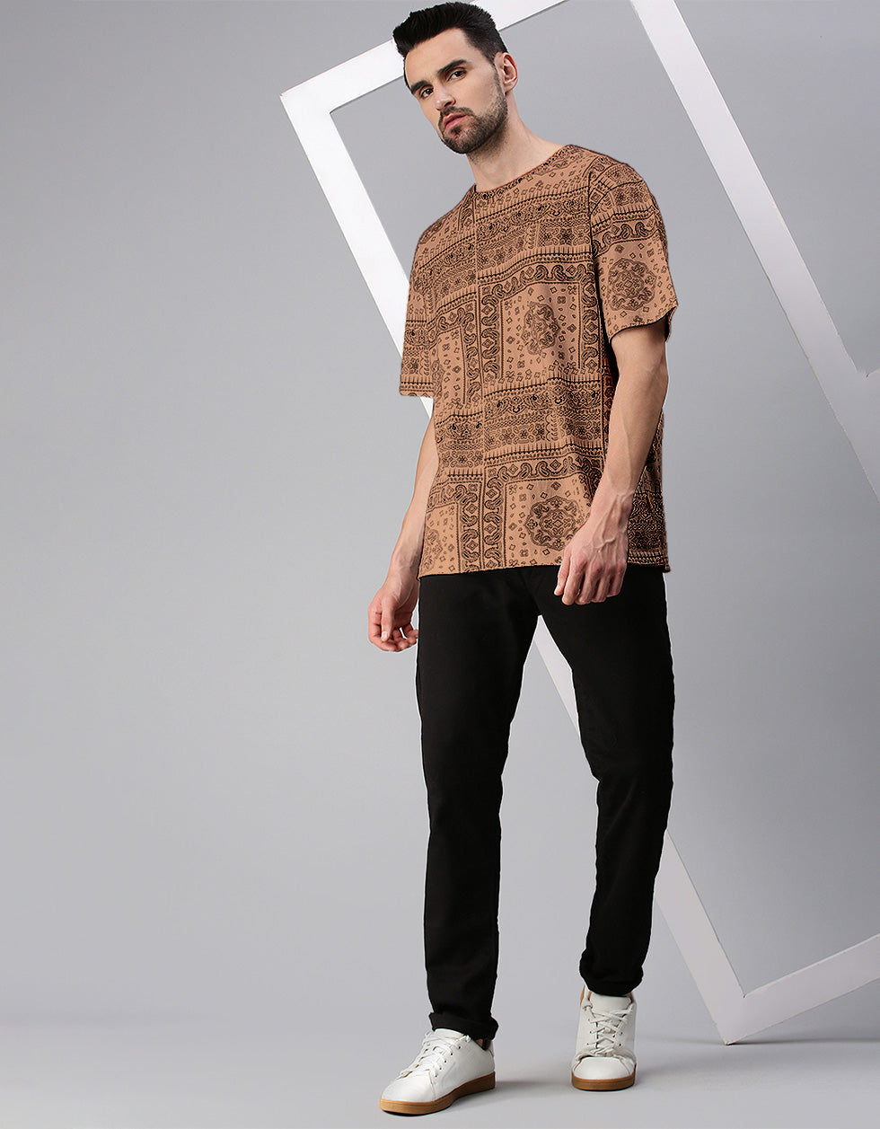 Paisley Beige Oversized All Over Printed Tshirt