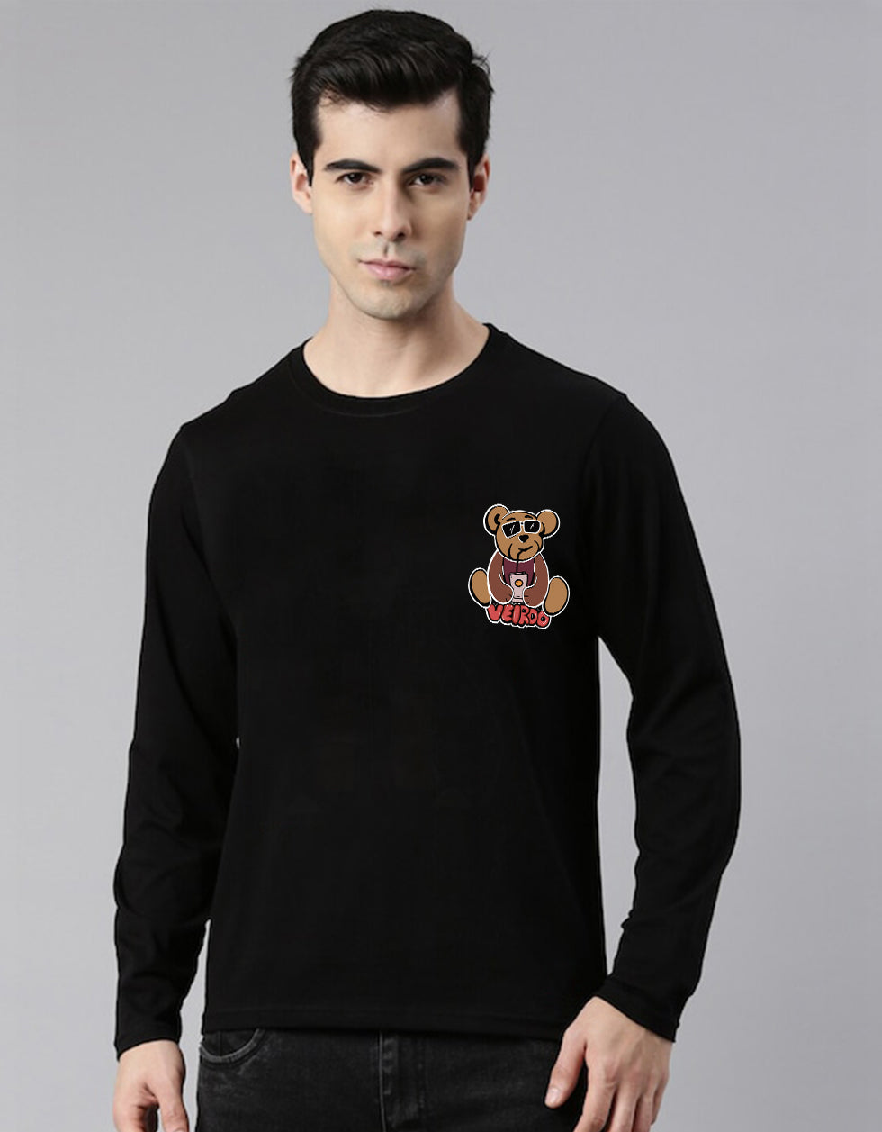 Black Full Sleeve Printed Teddy T-Shirt Veirdo