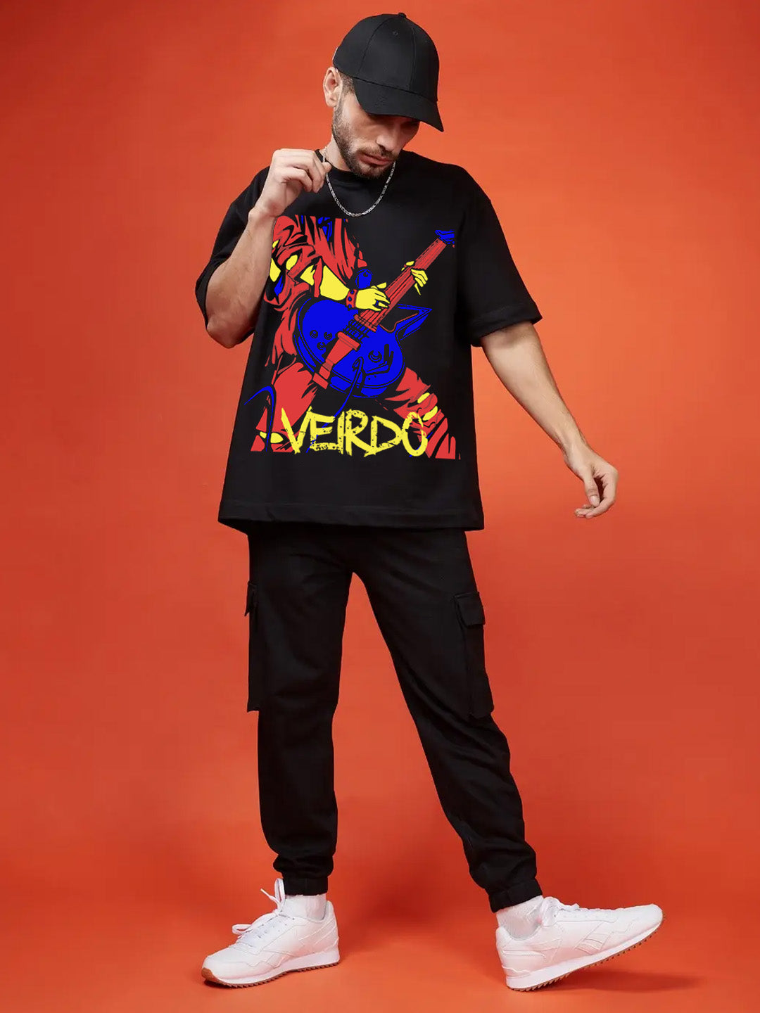 Black Guitarist Oversized Printed Men's T-Shirt Veirdo