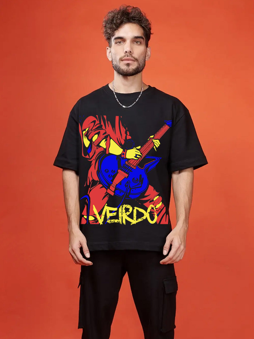 Black Guitarist Oversized Printed Men's T-Shirt Veirdo