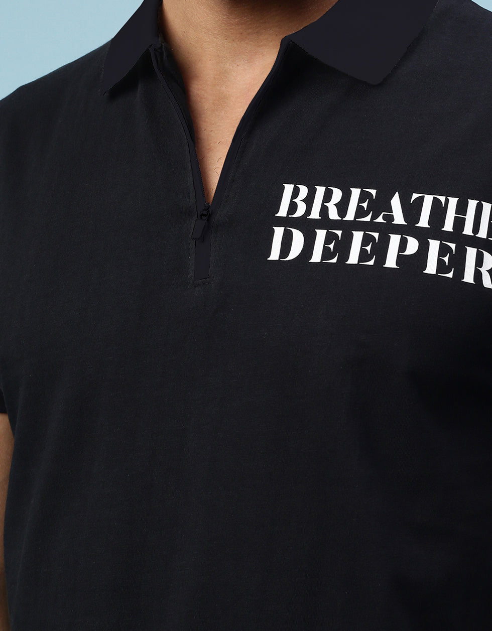 Breath Deeper Printed Polo Zip T-Shirt Veirdo
