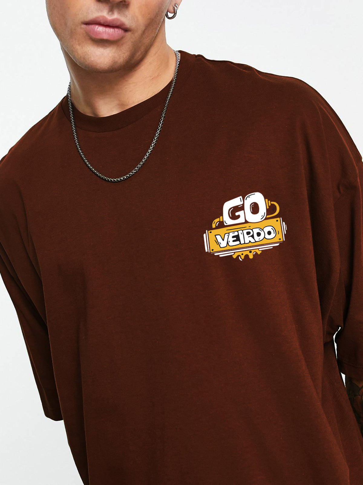 Brown Go Veirdo Pocket Print Oversized T-Shirt Veirdo